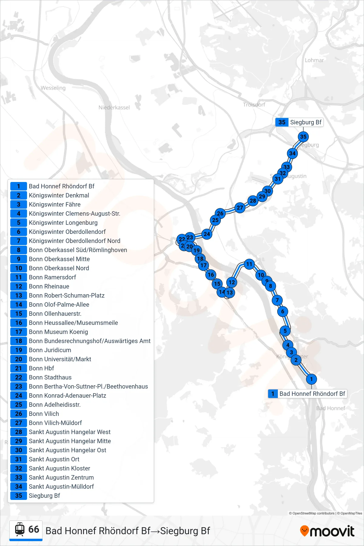 Linie 66 (Straßenbahn) Richtung Bad Honnef Rhöndorf Bf→Siegburg Bf: Route und Haltestellen auf der Karte