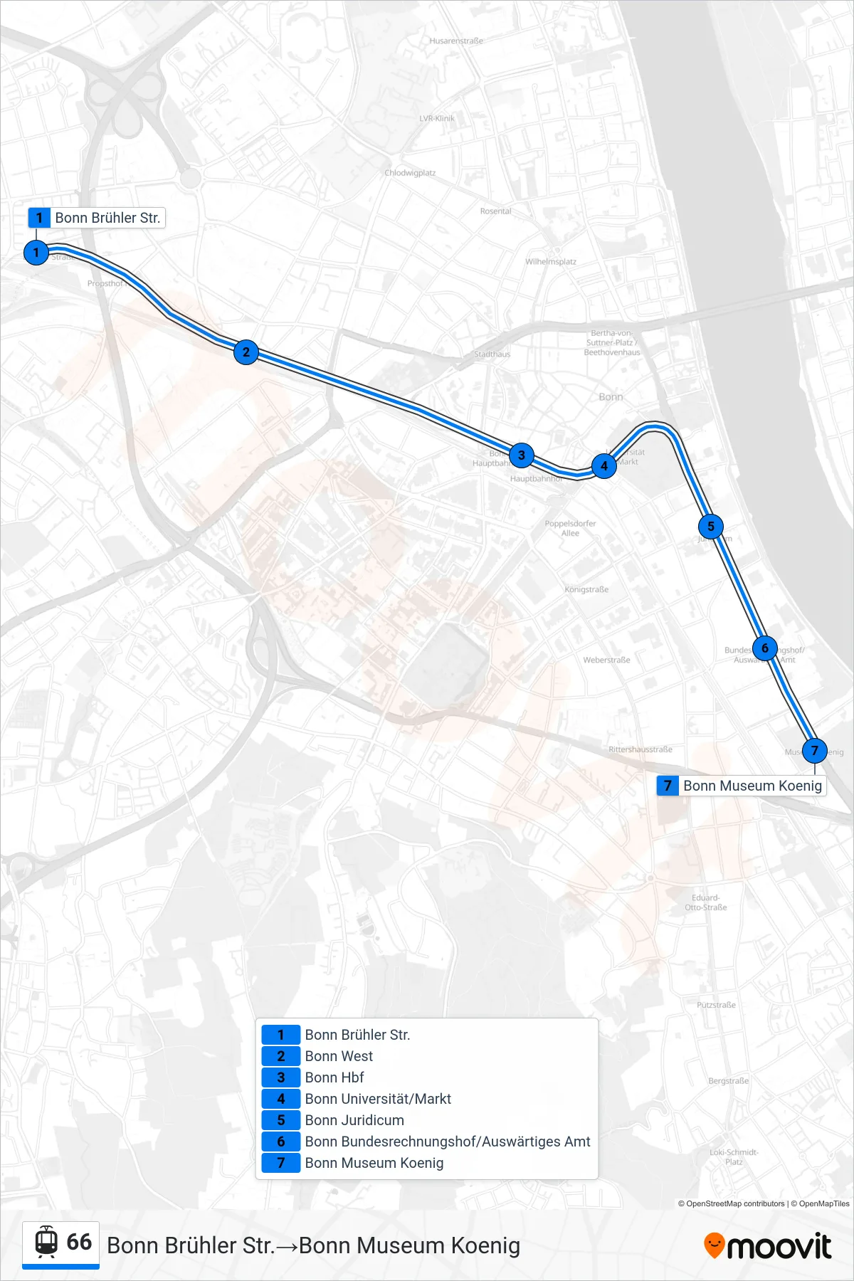 Linie 66 (Tram) Richtung Bonn Brühler Str.→Bonn Museum Koenig: Route und Haltestellen auf der Karte