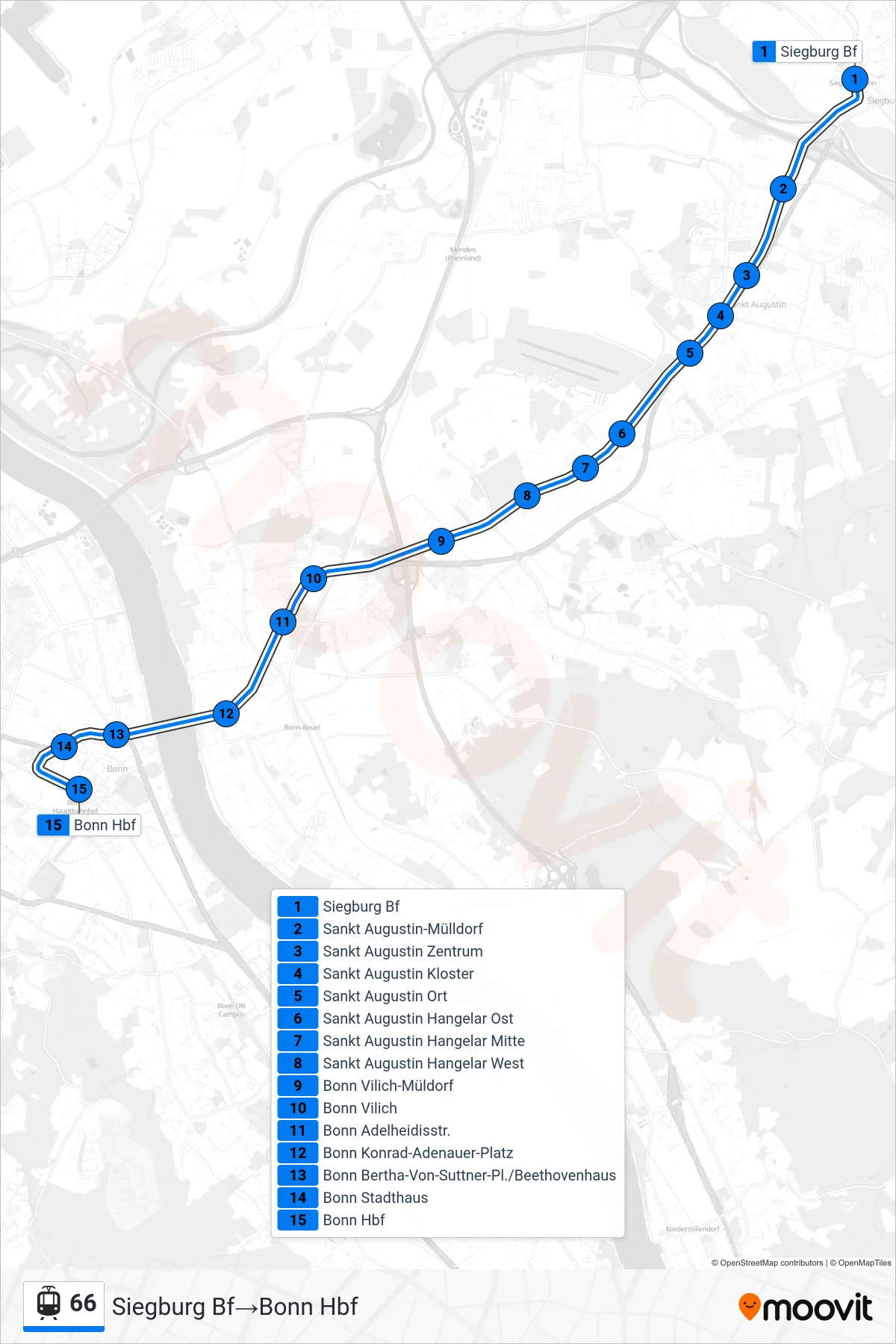 Linie 66 (Straßenbahn) Richtung Siegburg Bf→Bonn Hbf: Route und Haltestellen auf der Karte
