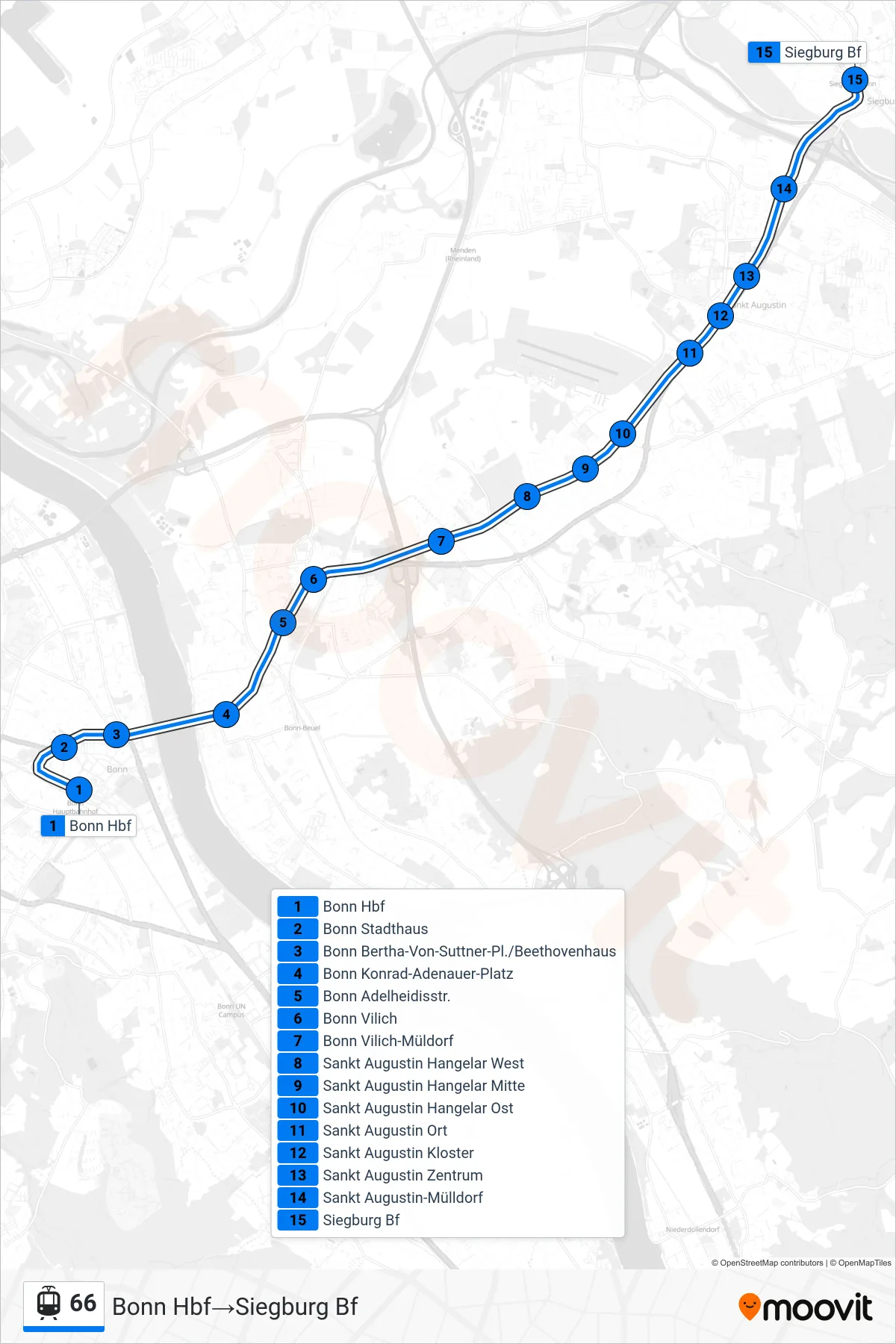 Linie 66 (Straßenbahn) Richtung Bonn Hbf→Siegburg Bf: Route und Haltestellen auf der Karte