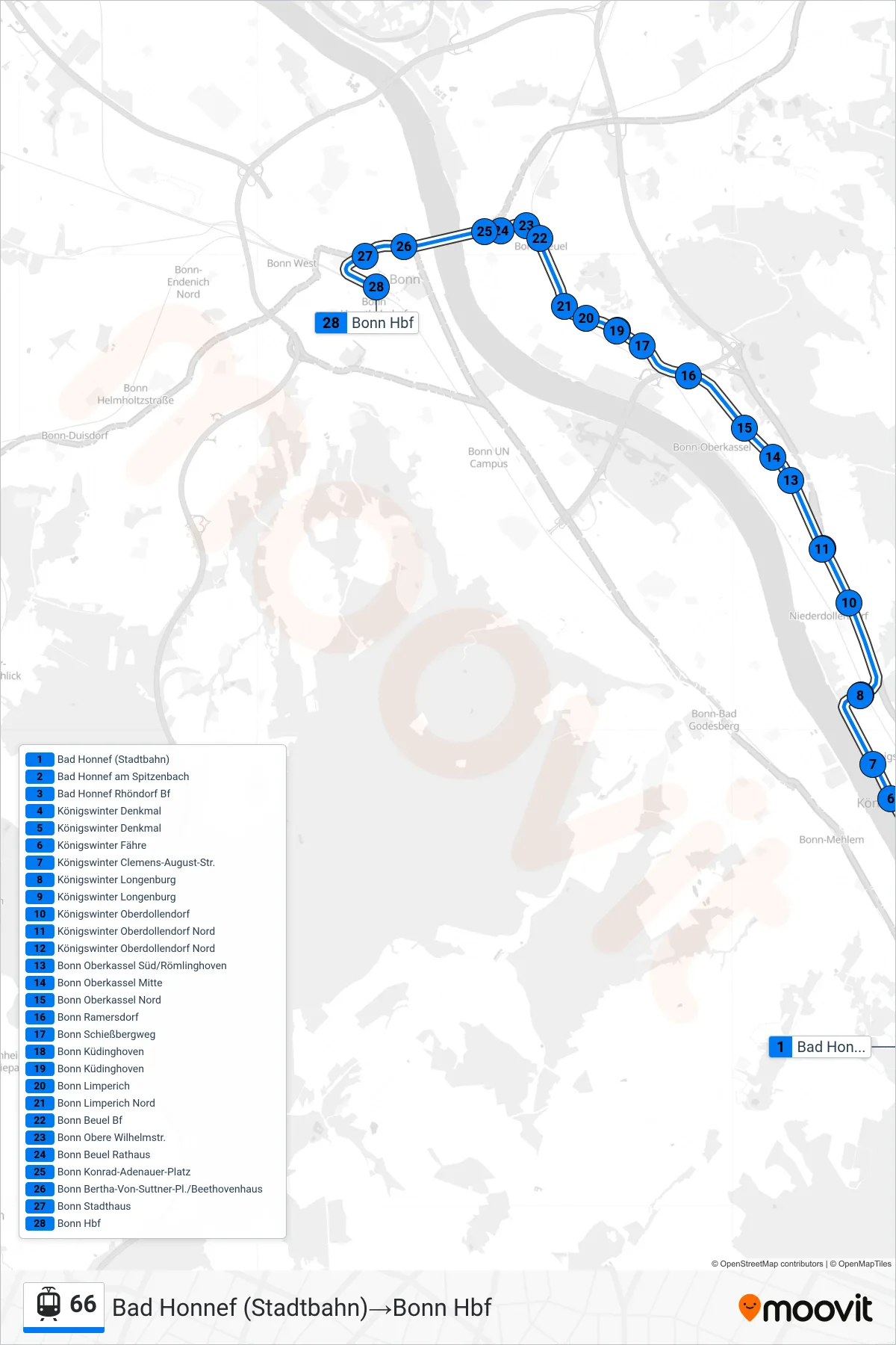 Linie 66 (Straßenbahn) Richtung Bad Honnef (Stadtbahn)→Bonn Hbf: Route und Haltestellen auf der Karte