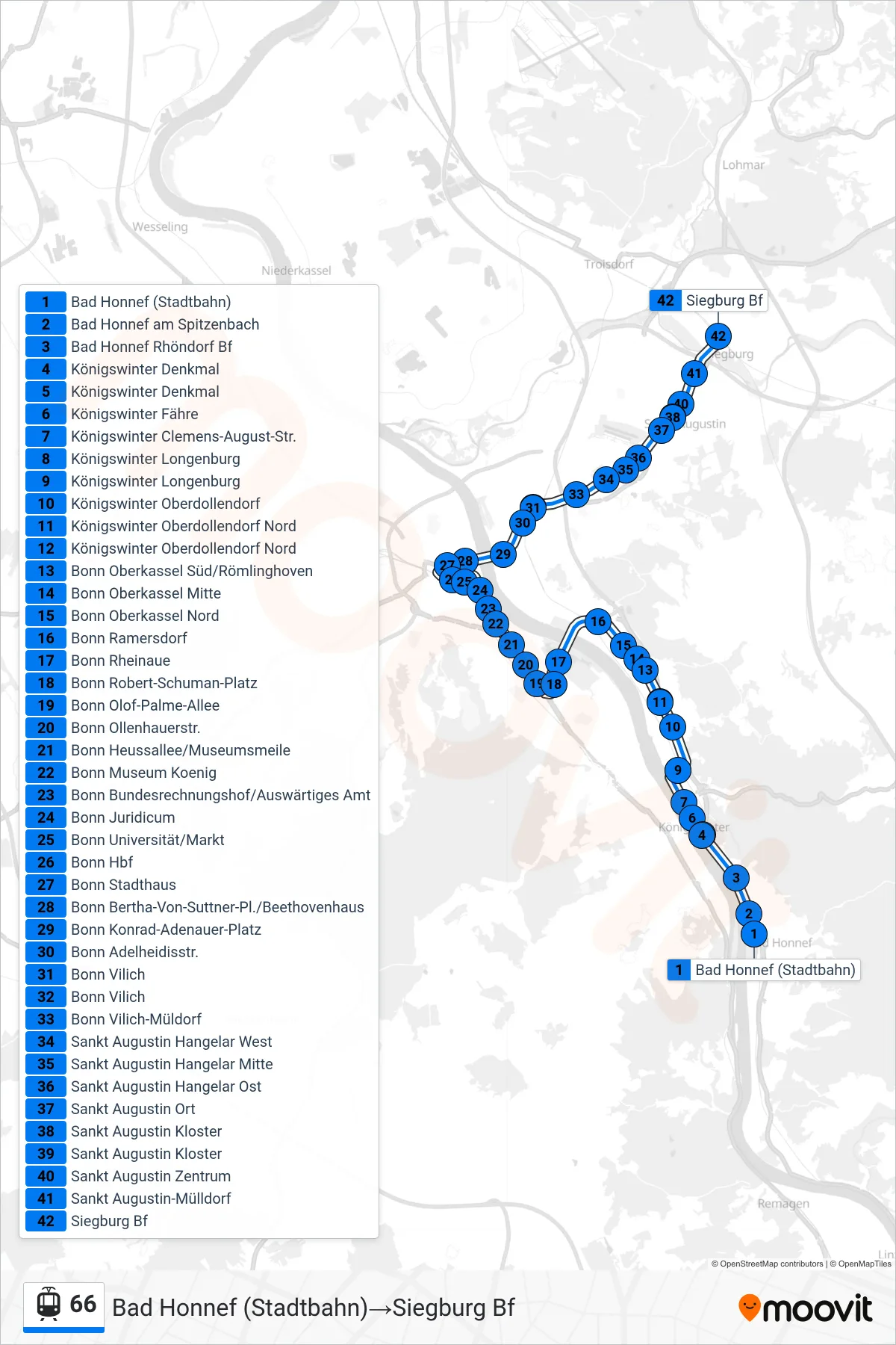 Linie 66 (Straßenbahn) Richtung Bad Honnef (Stadtbahn)→Siegburg Bf: Route und Haltestellen auf der Karte