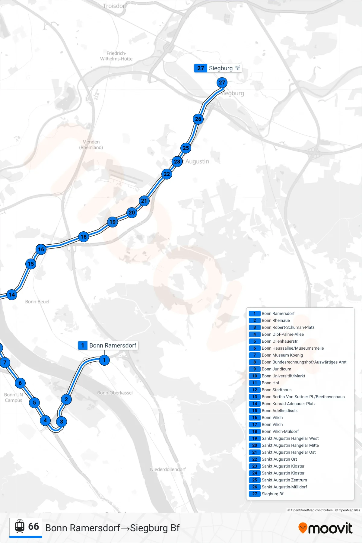 Linie 66 (Straßenbahn) Richtung Bonn Ramersdorf→Siegburg Bf: Route und Haltestellen auf der Karte
