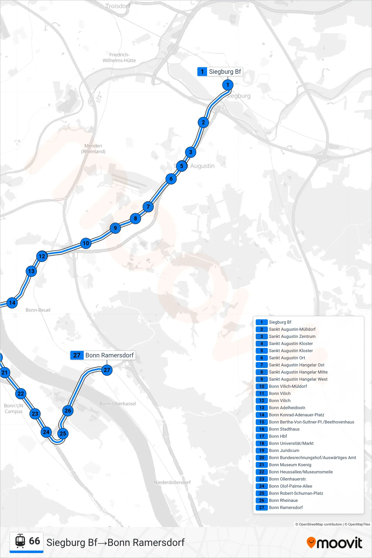 Linie 66 (Straßenbahn) Richtung Siegburg Bf→Bonn Ramersdorf: Route und Haltestellen auf der Karte