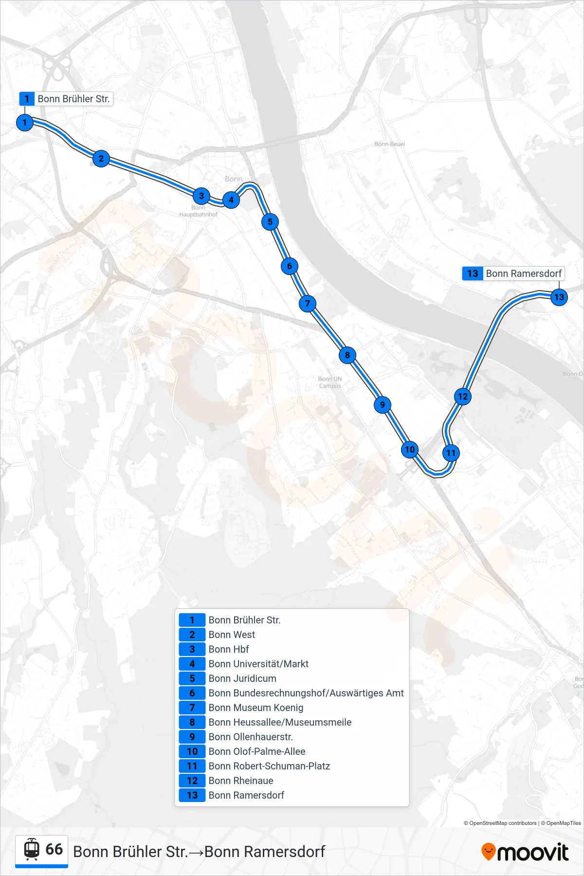 Linie 66 (Straßenbahn) Richtung Bonn Brühler Str.‎→Bonn Ramersdorf: Route und Haltestellen auf der Karte