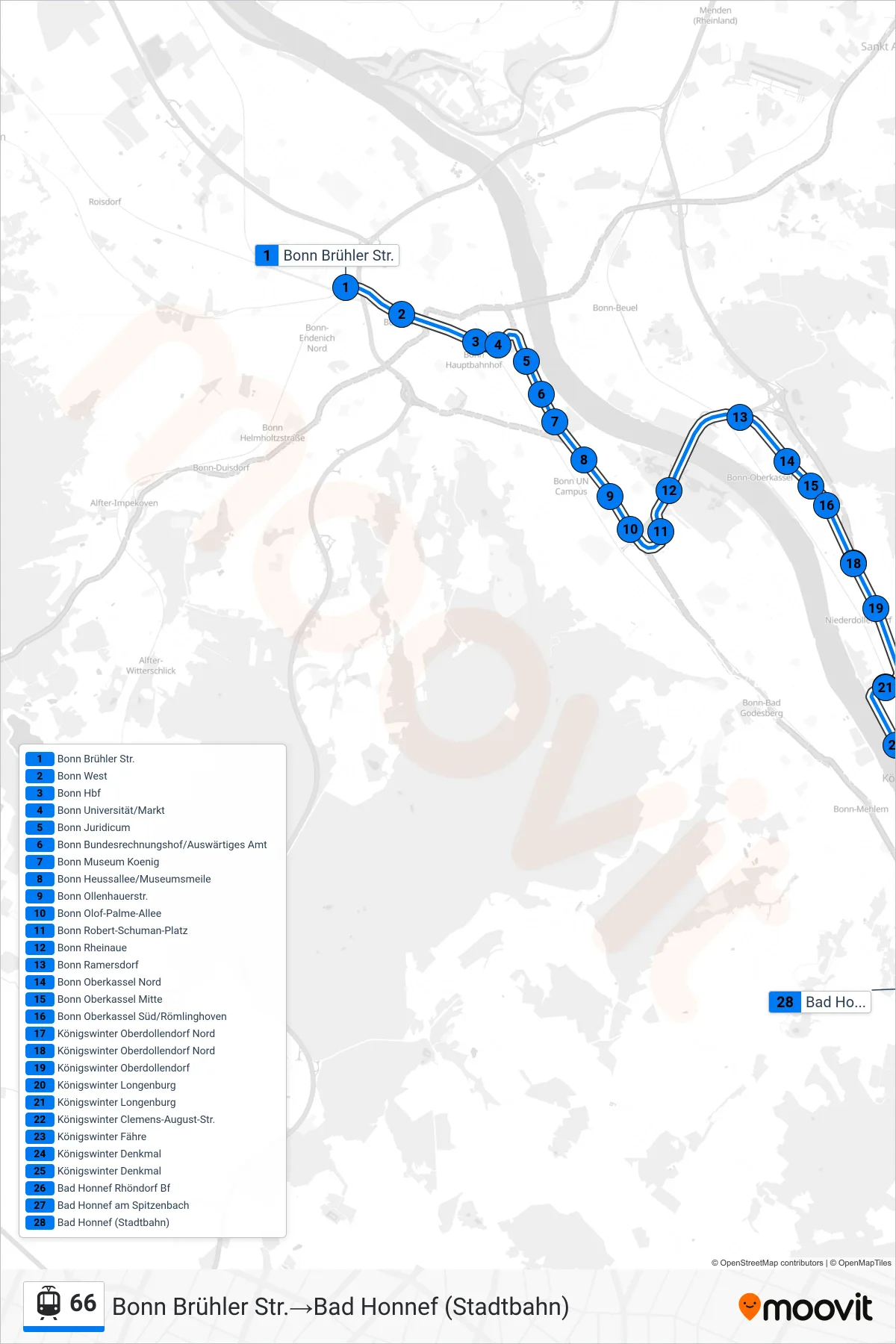Linie 66 (Straßenbahn) Richtung Bonn Brühler Str.‎→Bad Honnef (Stadtbahn): Route und Haltestellen auf der Karte