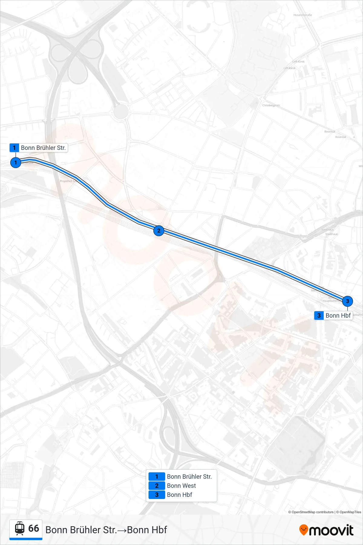 Linie 66 (Straßenbahn) Richtung Bonn Brühler Str.→Bonn Hbf: Route und Haltestellen auf der Karte