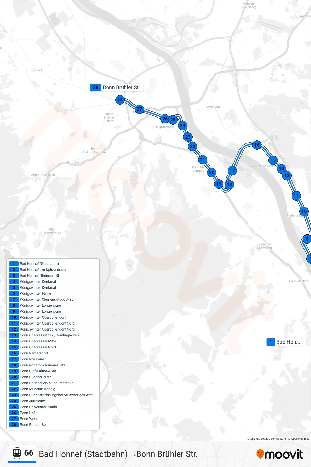 Linie 66 (Straßenbahn) Richtung Bad Honnef (Stadtbahn)→Bonn Brühler Str.: Route und Haltestellen auf der Karte
