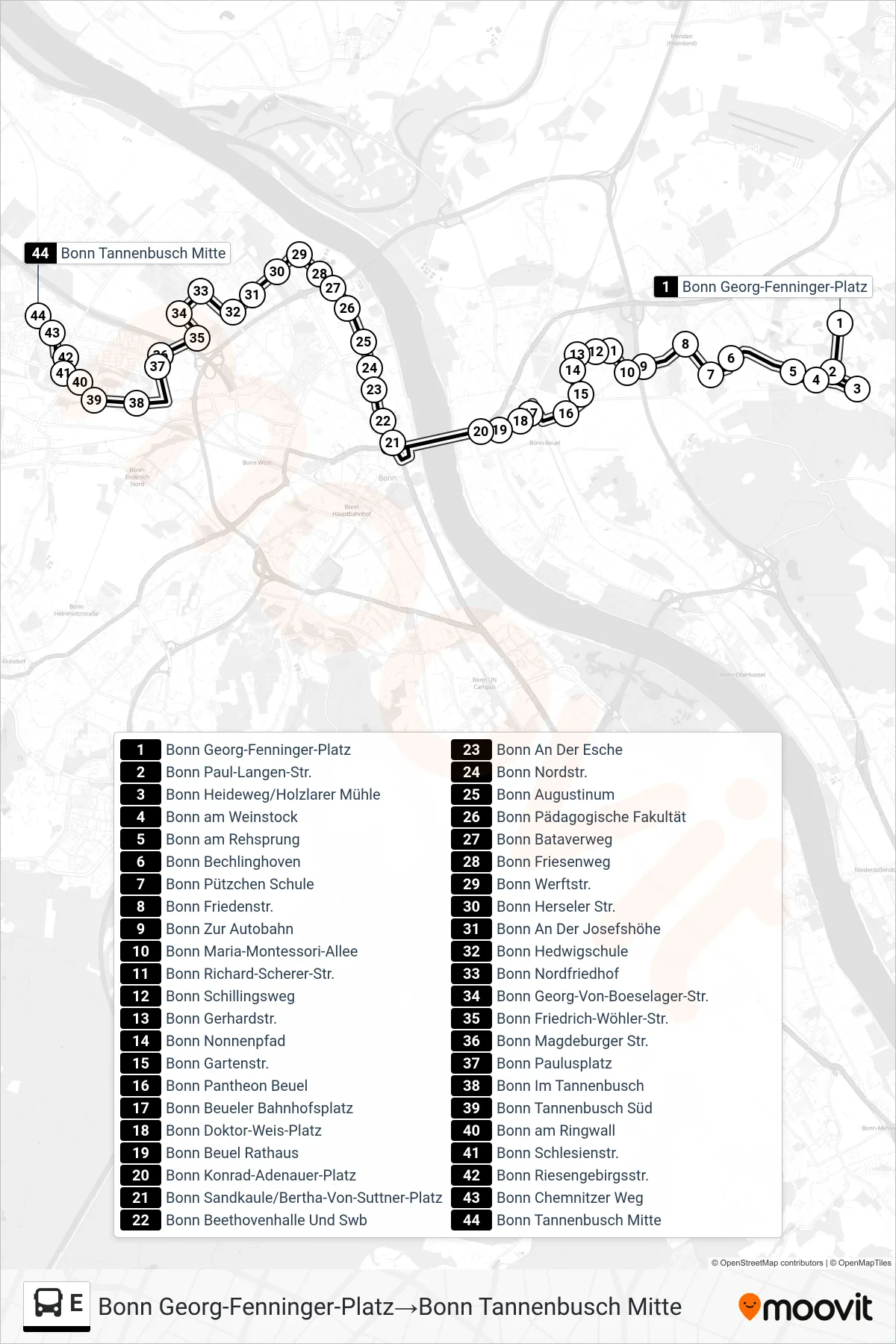 Linie E (Bus) Richtung Bonn Georg-Fenninger-Platz→Bonn Tannenbusch Mitte: Route und Haltestellen auf der Karte