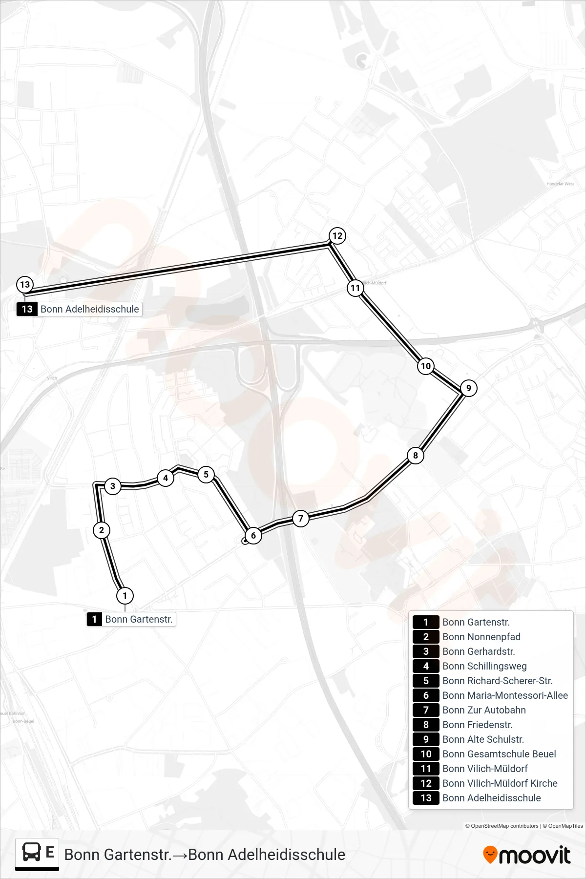 Linie E (Bus) Richtung Bonn Gartenstr.→Bonn Adelheidisschule: Route und Haltestellen auf der Karte