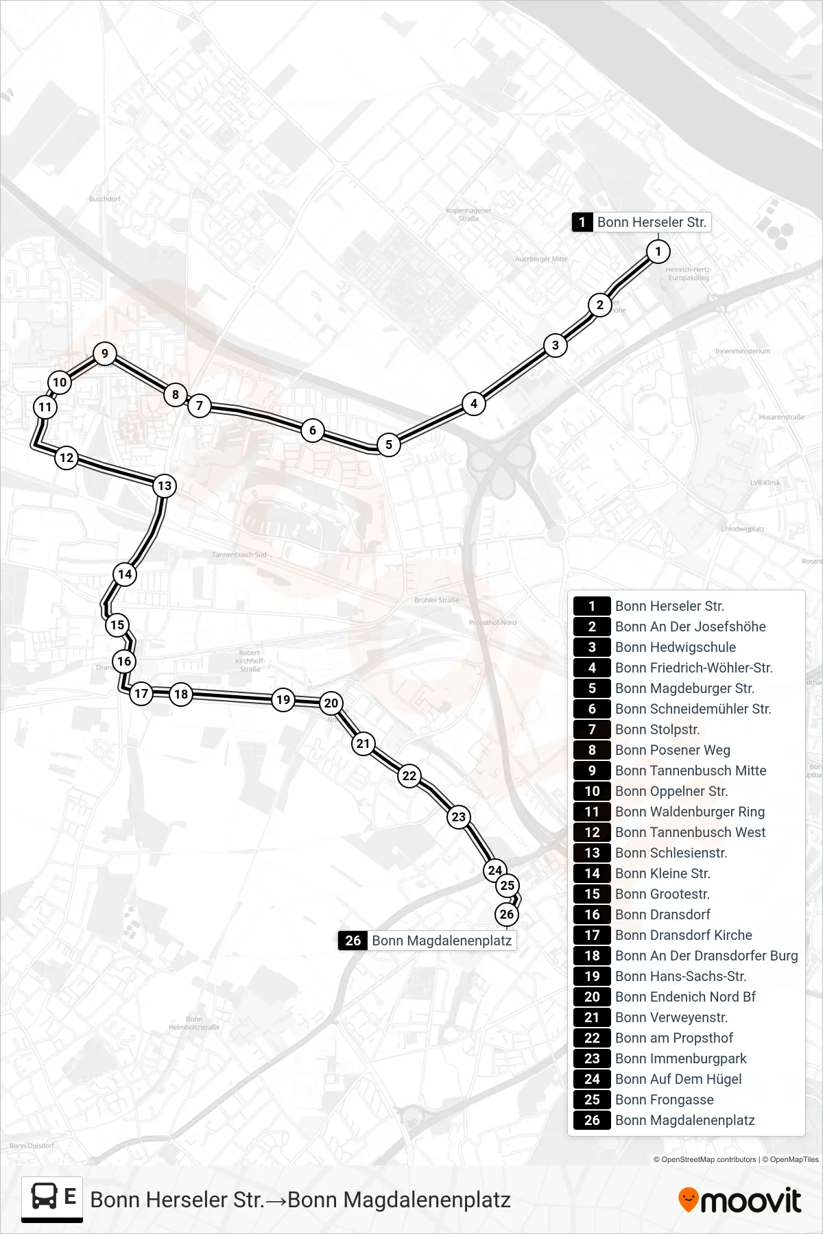 Linie E (Bus) Richtung Bonn Herseler Str.→Bonn Magdalenenplatz: Route und Haltestellen auf der Karte