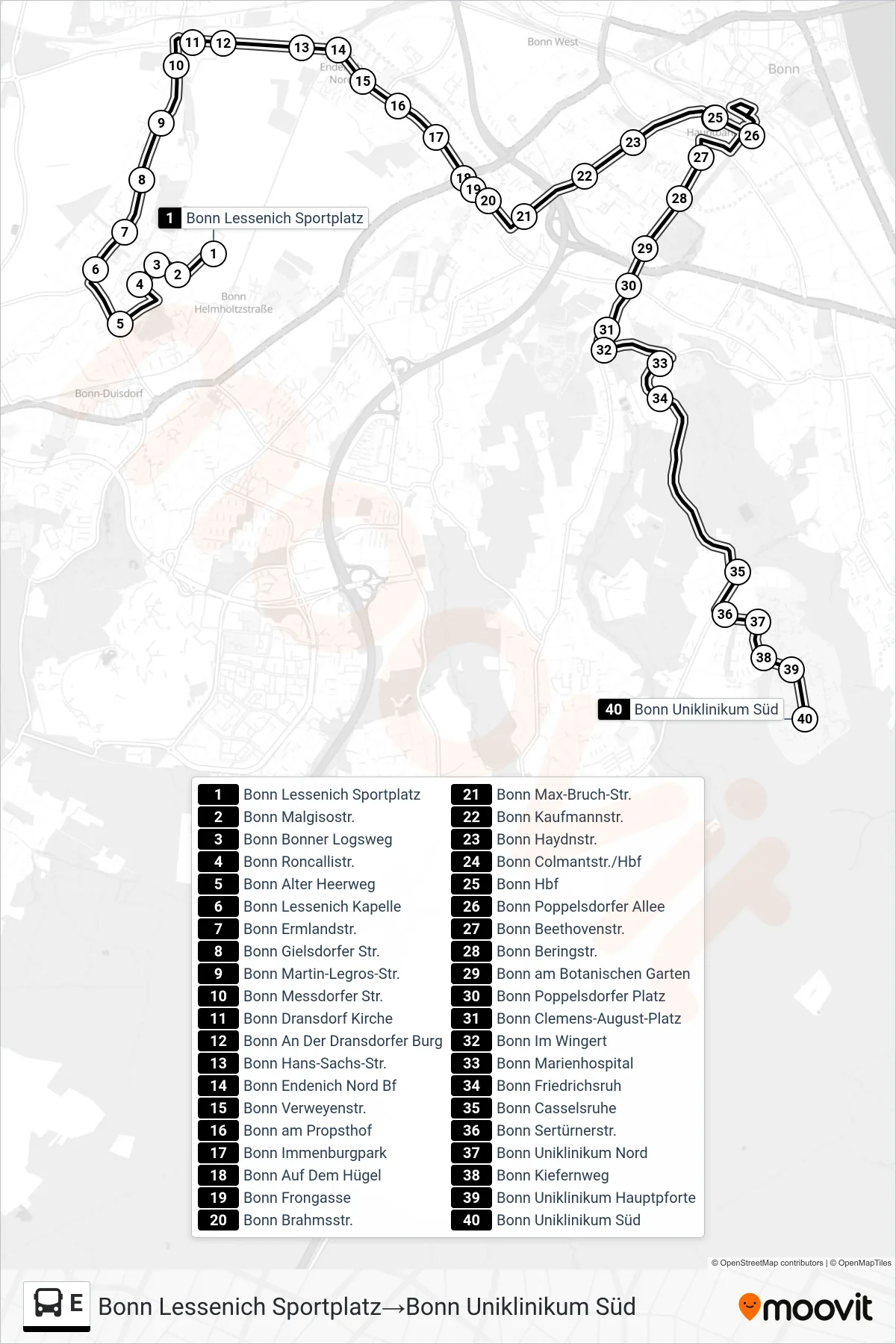Linie E (Bus) Richtung Bonn Lessenich Sportplatz→Bonn Uniklinikum Süd: Route und Haltestellen auf der Karte