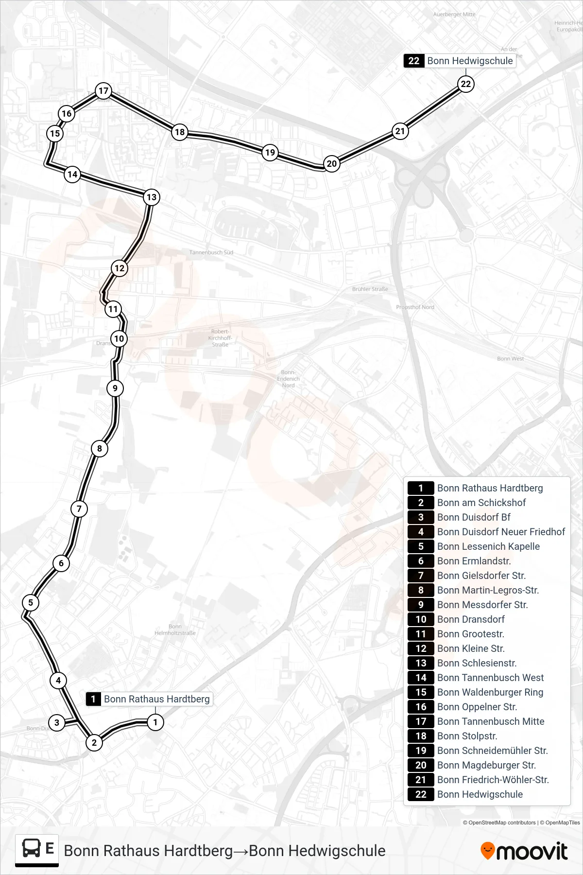 Linie E (Bus) Richtung Bonn Rathaus Hardtberg→Bonn Hedwigschule: Route und Haltestellen auf der Karte