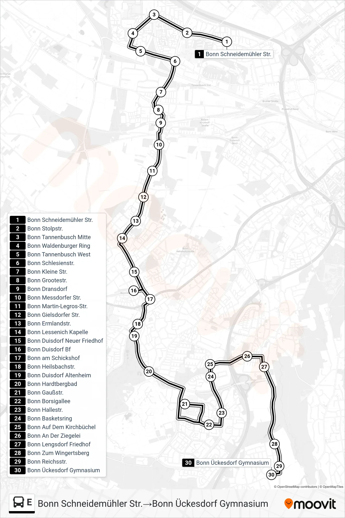 Linie E (Bus) Richtung Bonn Schneidemühler Str.→Bonn Ückesdorf Gymnasium: Route und Haltestellen auf der Karte