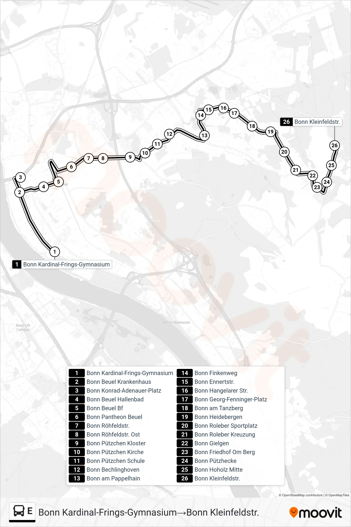 Linie E (Bus) Richtung Bonn Kardinal-Frings-Gymnasium→Bonn Kleinfeldstr.: Route und Haltestellen auf der Karte