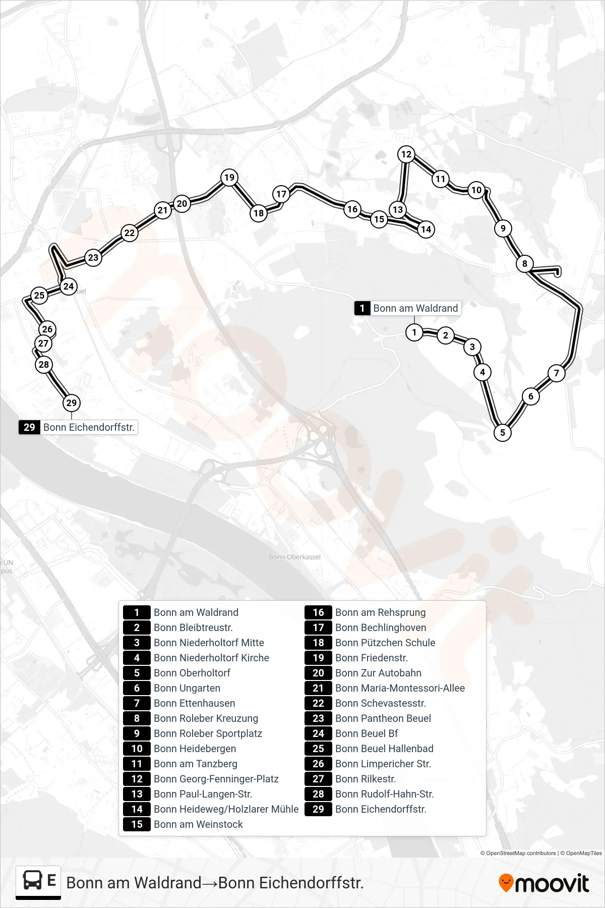 Linie E (Bus) Richtung Bonn am Waldrand→Bonn Eichendorffstr.: Route und Haltestellen auf der Karte