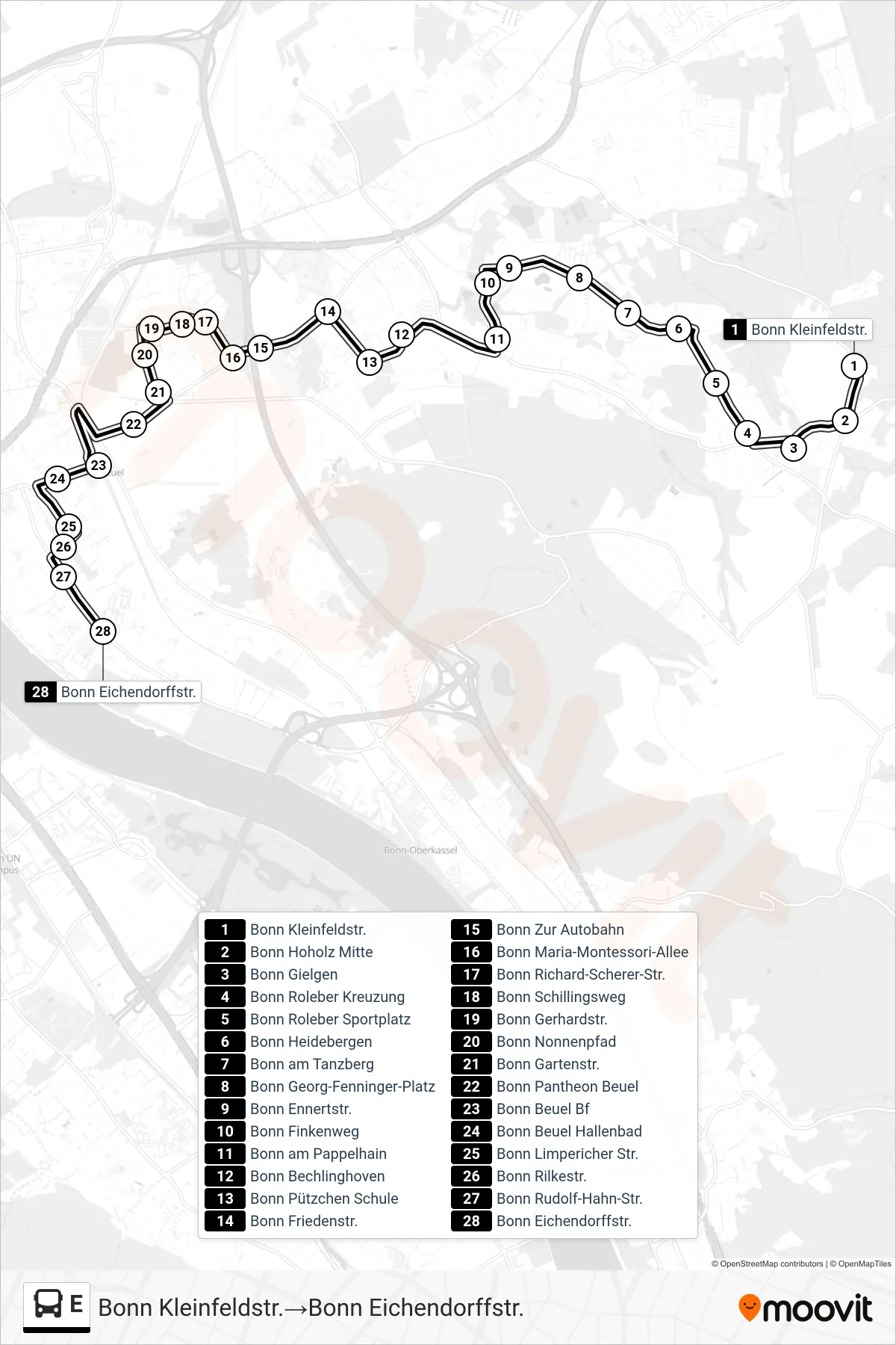 Linie E (Bus) Richtung Bonn Kleinfeldstr.→Bonn Eichendorffstr.: Route und Haltestellen auf der Karte