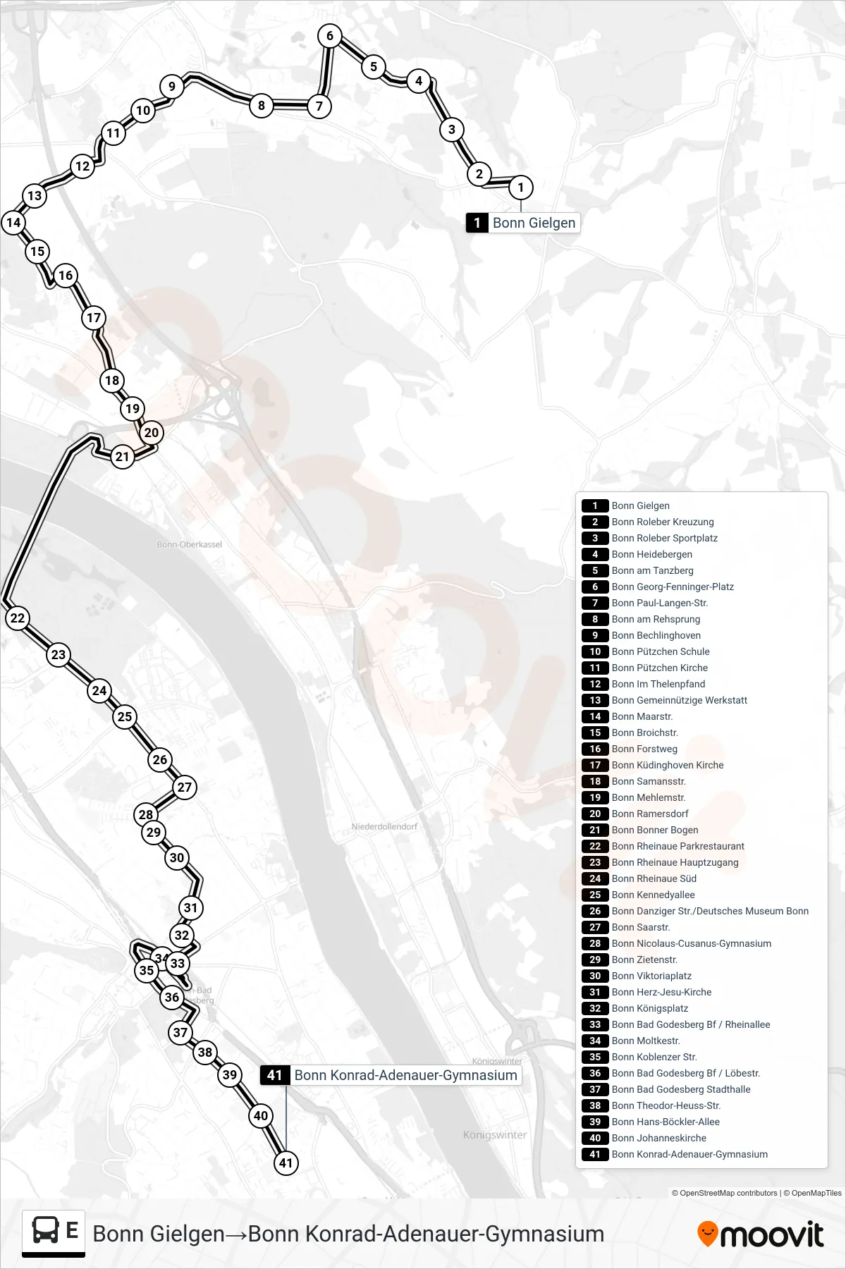 Linie E (Bus) Richtung Bonn Gielgen→Bonn Konrad-Adenauer-Gymnasium: Route und Haltestellen auf der Karte