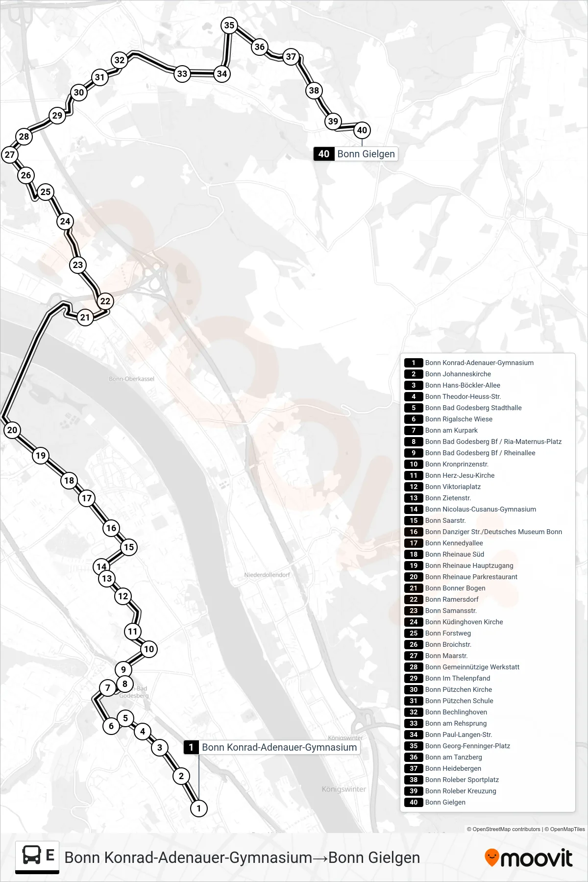 Linie E (Bus) Richtung Bonn Konrad-Adenauer-Gymnasium→Bonn Gielgen: Route und Haltestellen auf der Karte