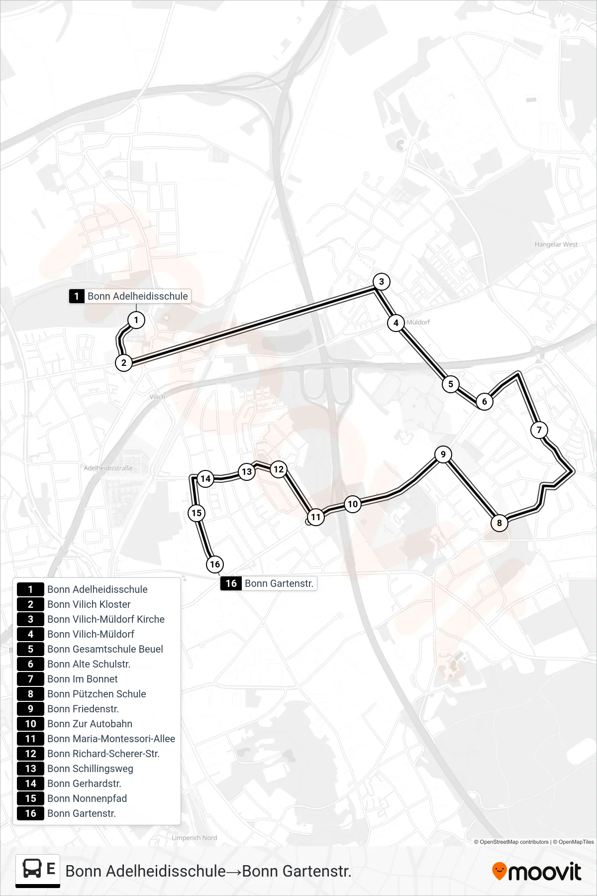 Linie E (Bus) Richtung Bonn Adelheidisschule→Bonn Gartenstr.: Route und Haltestellen auf der Karte