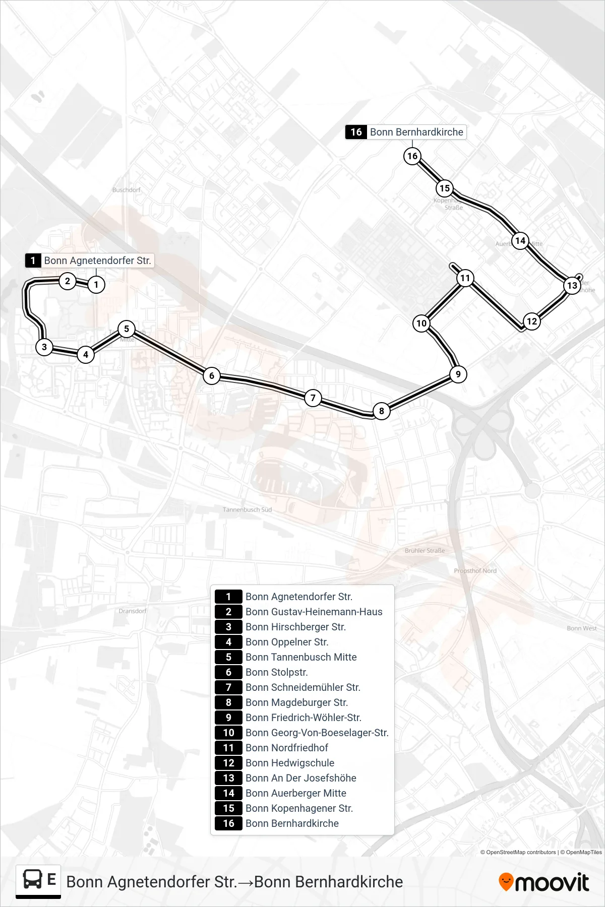 Linie E (Bus) Richtung Bonn Agnetendorfer Str.→Bonn Bernhardkirche: Route und Haltestellen auf der Karte