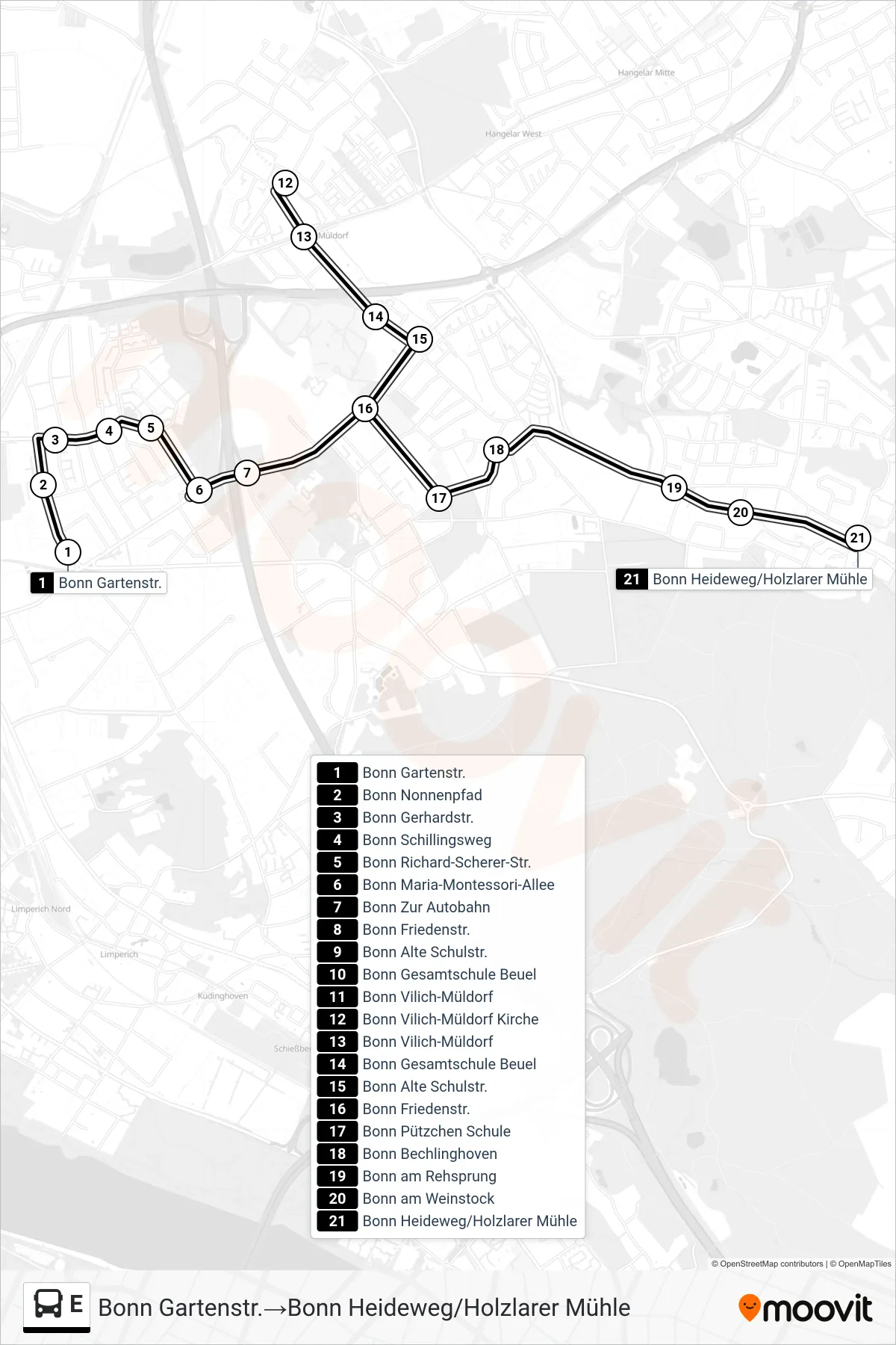 Linie E (Bus) Richtung Bonn Gartenstr.→Bonn Heideweg/Holzlarer Mühle: Route und Haltestellen auf der Karte
