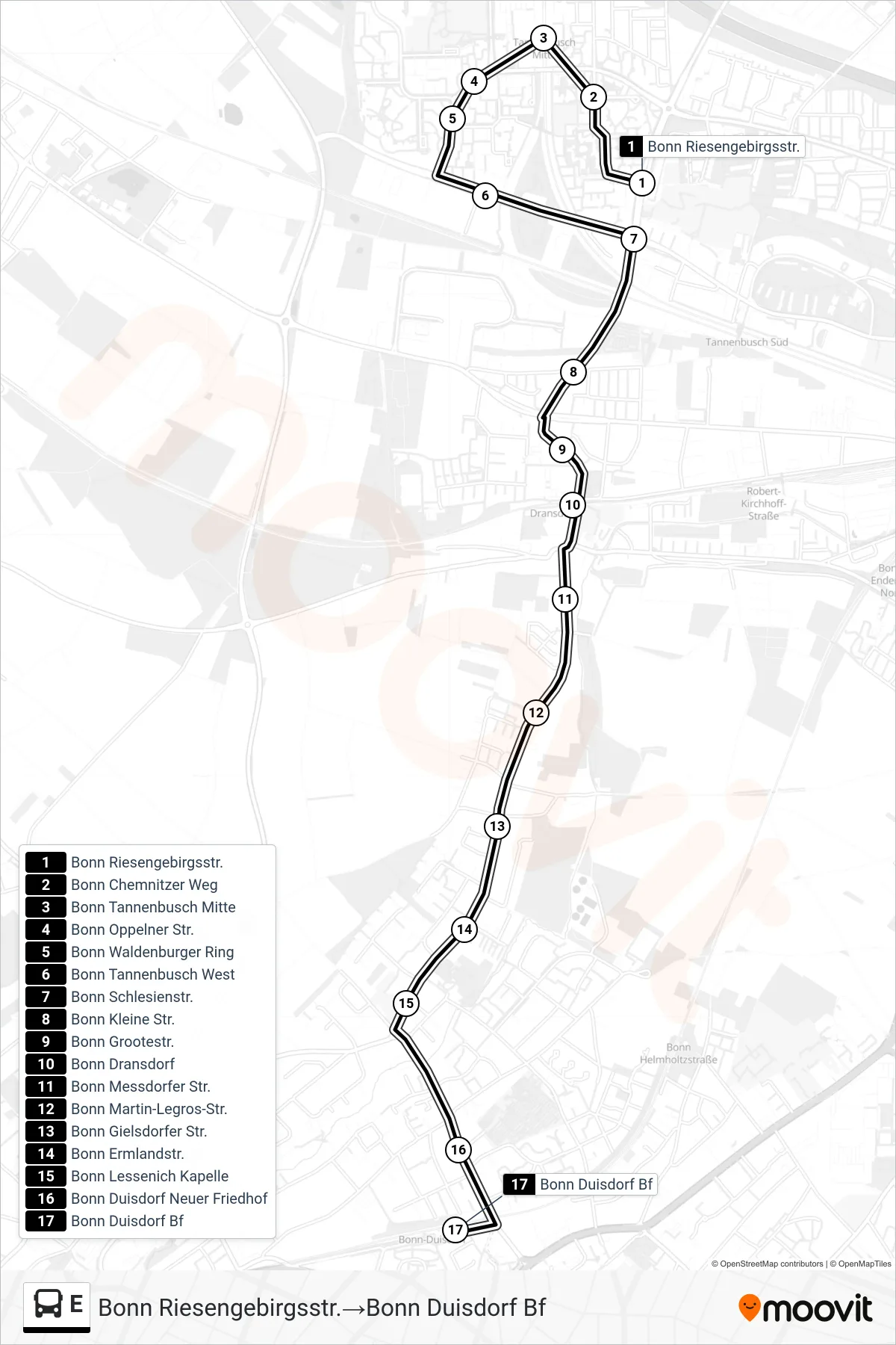 Linie E (Bus) Richtung Bonn Riesengebirgsstr.→Bonn Duisdorf Bf: Route und Haltestellen auf der Karte