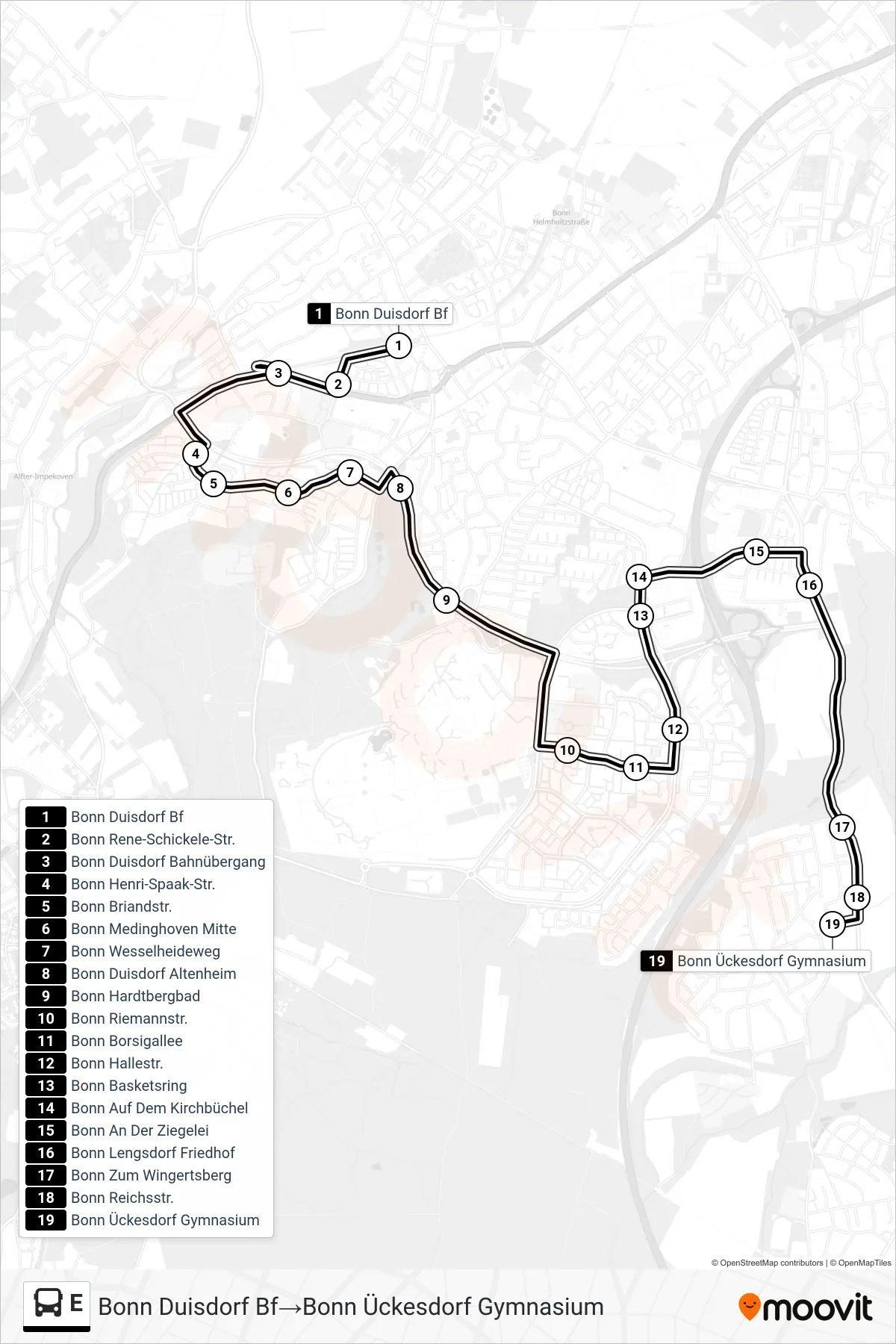 Linie E (Bus) Richtung Bonn Duisdorf Bf→Bonn Ückesdorf Gymnasium: Route und Haltestellen auf der Karte