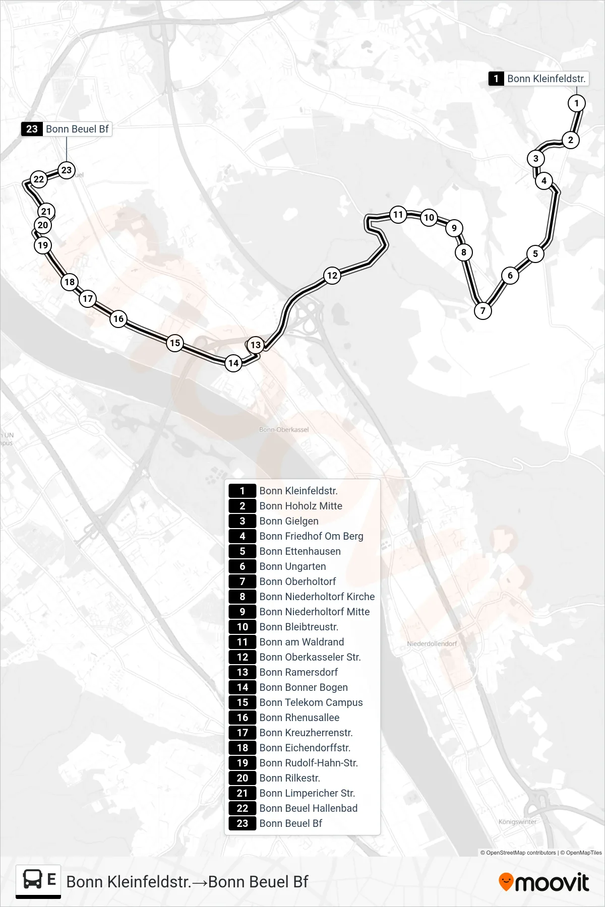 Linie E (Bus) Richtung Bonn Kleinfeldstr.→Bonn Beuel Bf: Route und Haltestellen auf der Karte