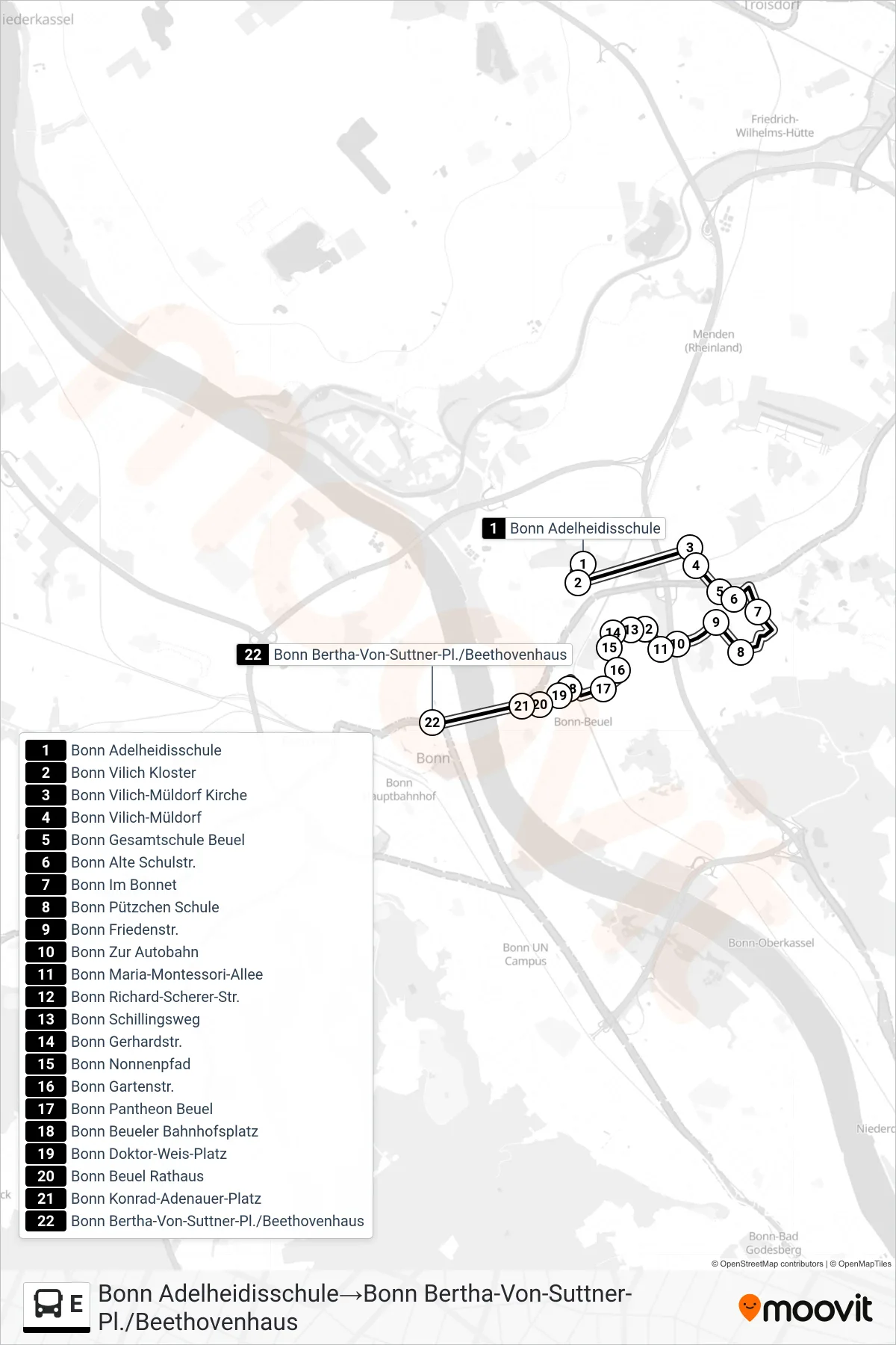 Linie E (Bus) Richtung Bonn Adelheidisschule→Bonn Bertha-Von-Suttner-Pl./Beethovenhaus: Route und Haltestellen auf der Karte