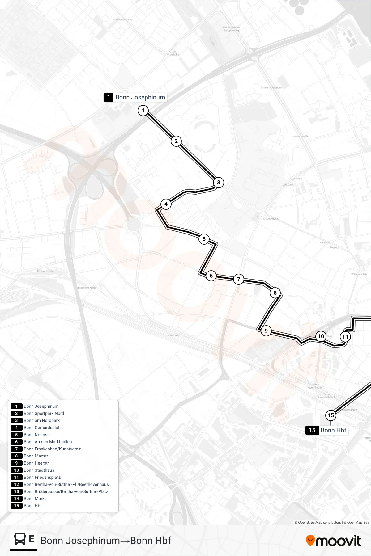 Linie E (Bus) Richtung Bonn Josephinum→Bonn Hbf: Route und Haltestellen auf der Karte