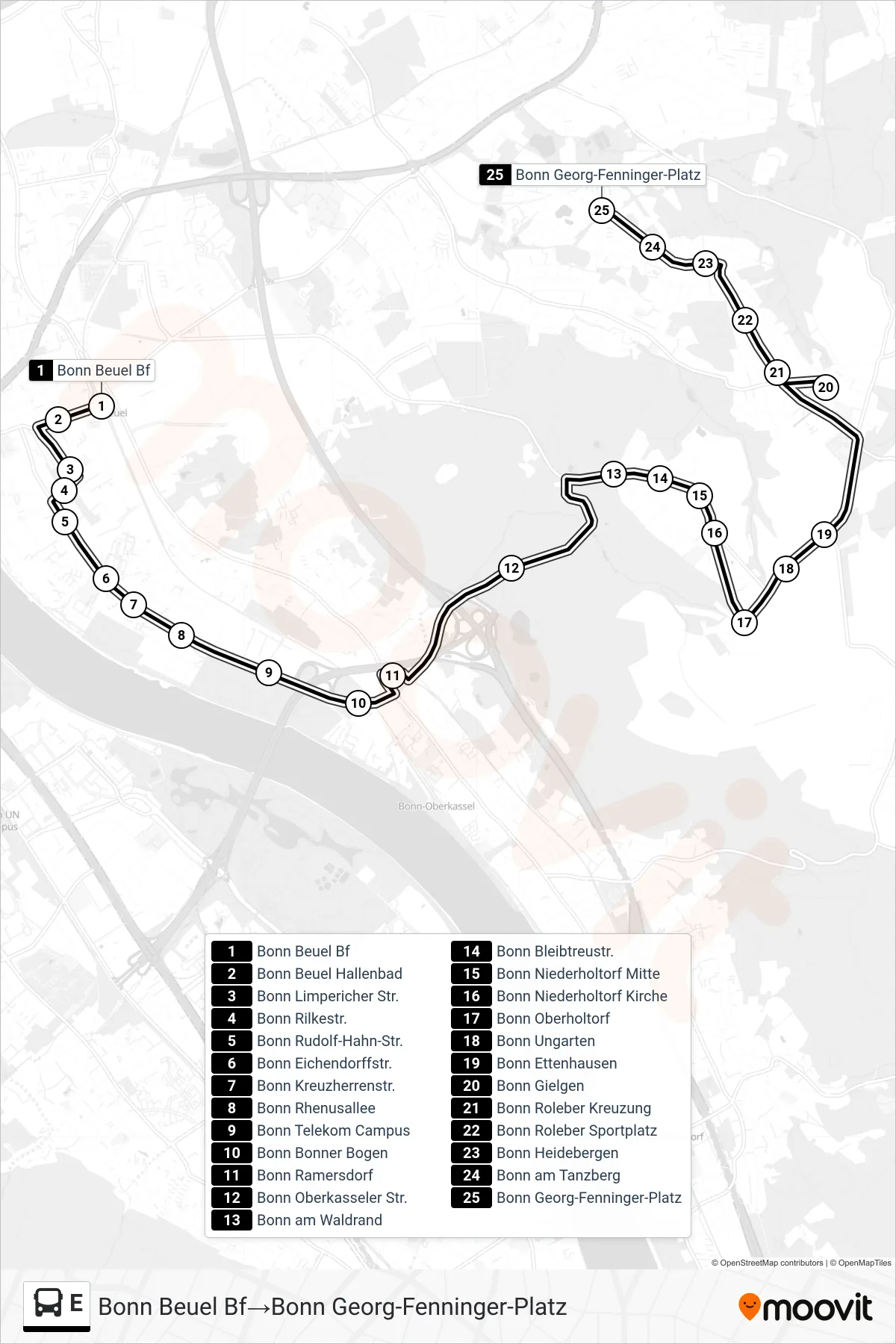 Linie E (Bus) Richtung Bonn Beuel Bf→Bonn Georg-Fenninger-Platz: Route und Haltestellen auf der Karte