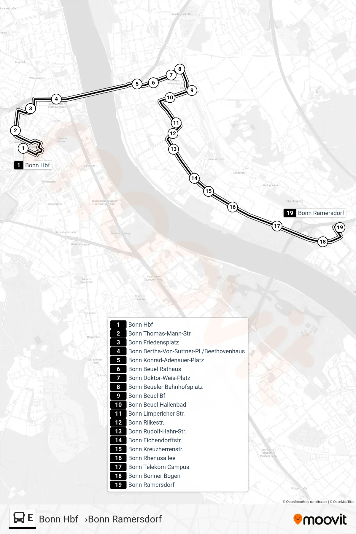 Linie E (Bus) Richtung Bonn Hbf→Bonn Ramersdorf: Route und Haltestellen auf der Karte