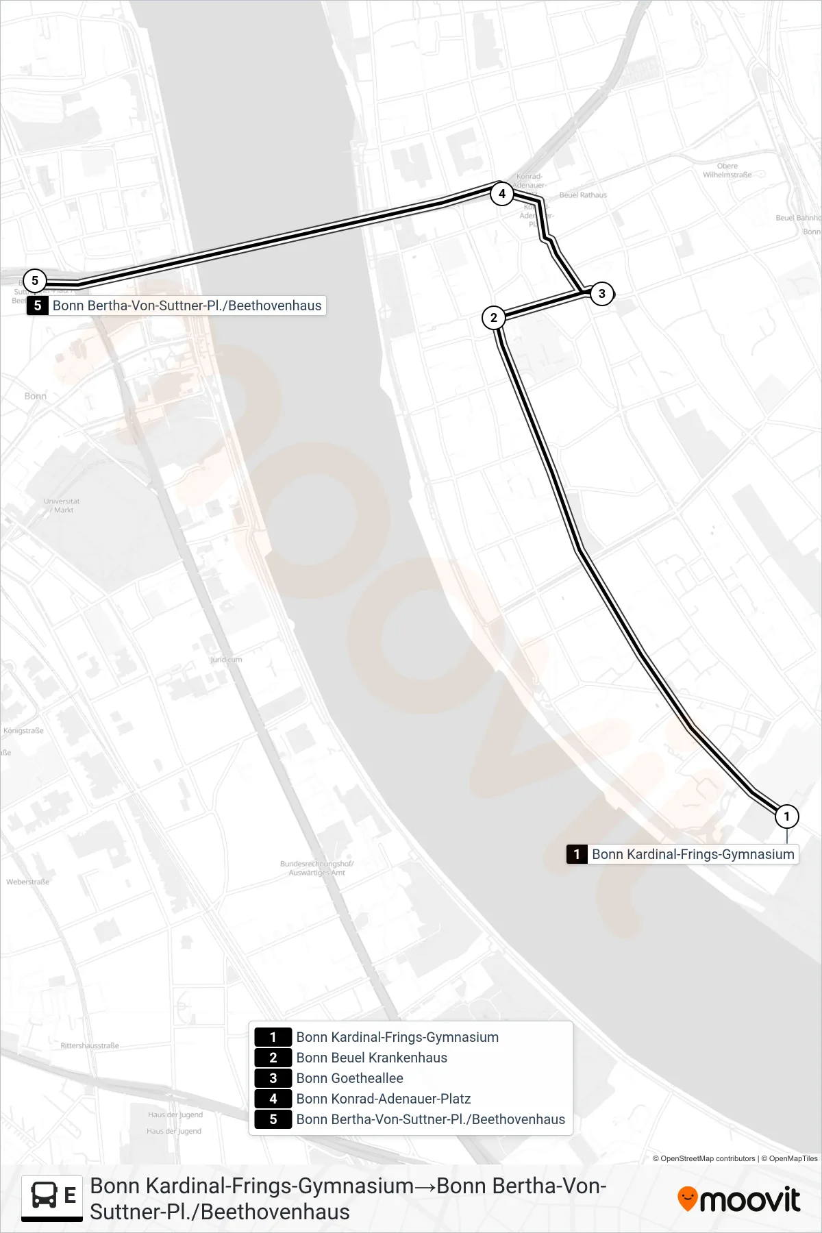 Linie E (Bus) Richtung Bonn Kardinal-Frings-Gymnasium→Bonn Bertha-Von-Suttner-Pl./Beethovenhaus: Route und Haltestellen auf der Karte