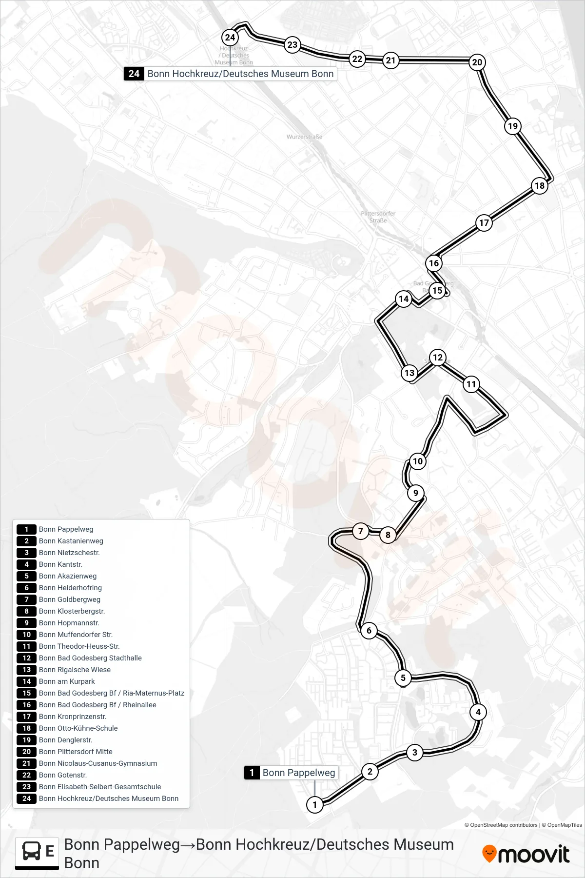Linie E (Bus) Richtung Bonn Pappelweg→Bonn Hochkreuz/Deutsches Museum Bonn: Route und Haltestellen auf der Karte
