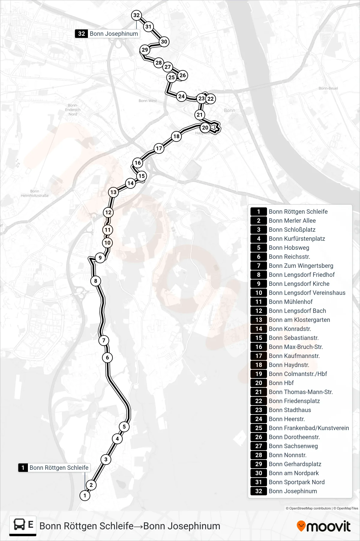 Linie E (Bus) Richtung Bonn Röttgen Schleife→Bonn Josephinum: Route und Haltestellen auf der Karte