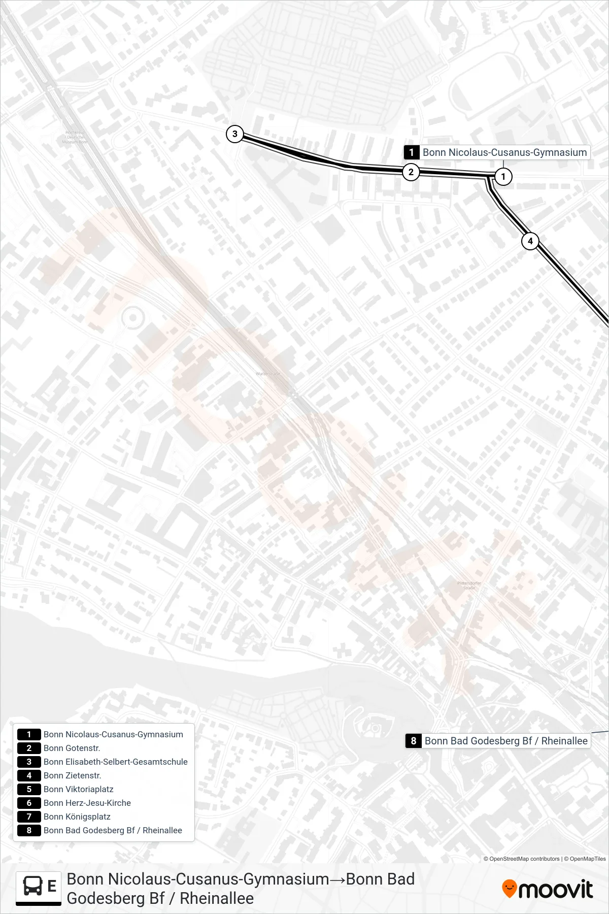 Linie E (Bus) Richtung Bonn Nicolaus-Cusanus-Gymnasium→Bonn Bad Godesberg Bf / Rheinallee: Route und Haltestellen auf der Karte