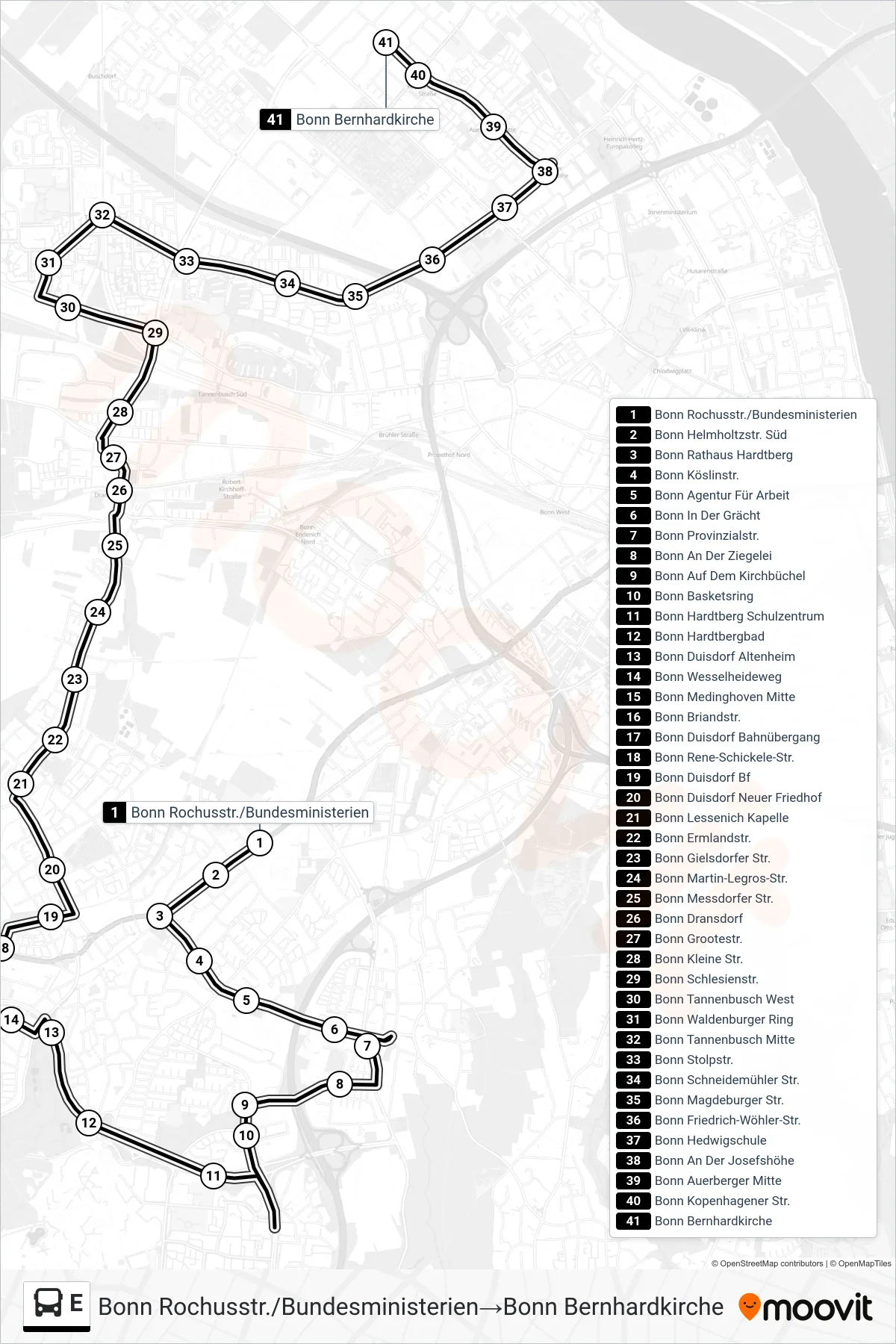 Linie E (Bus) Richtung Bonn Rochusstr./Bundesministerien→Bonn Bernhardkirche: Route und Haltestellen auf der Karte