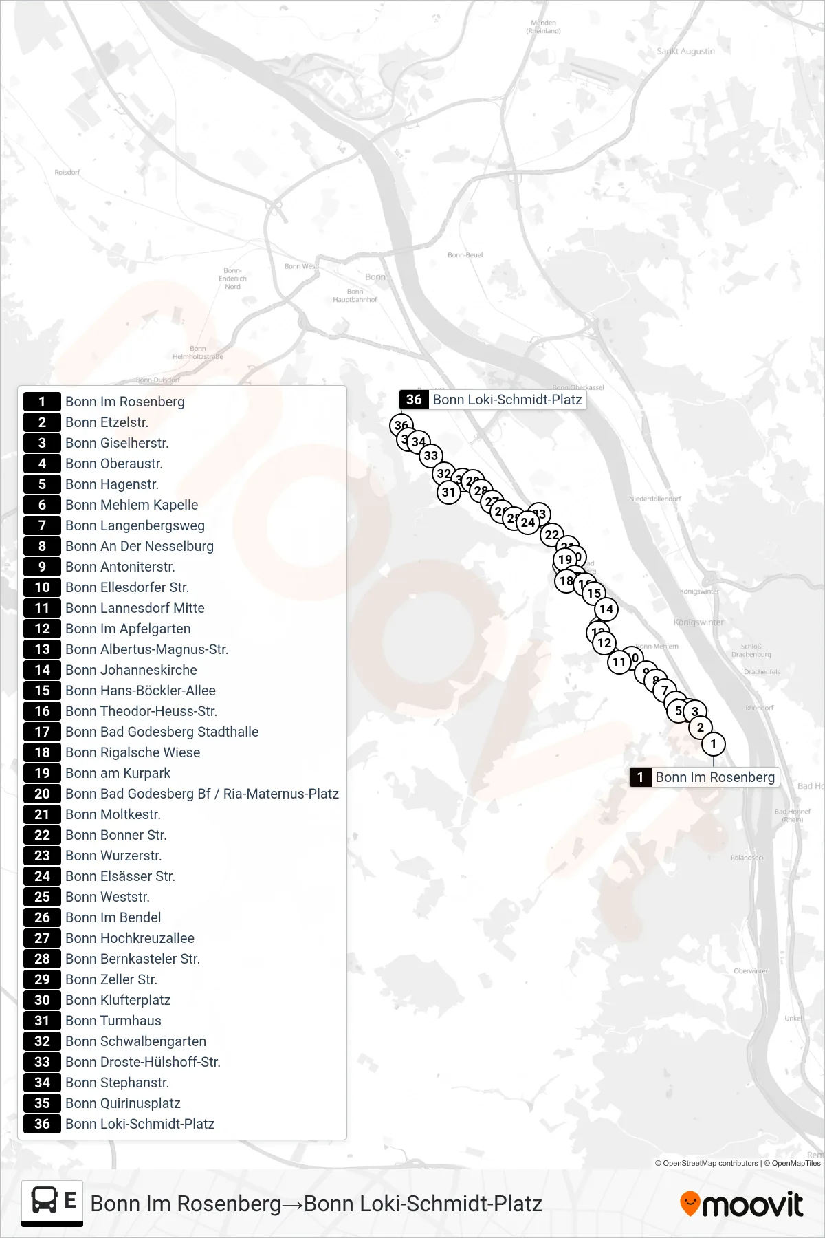 Linie E (Bus) Richtung Bonn Im Rosenberg→Bonn Loki-Schmidt-Platz: Route und Haltestellen auf der Karte