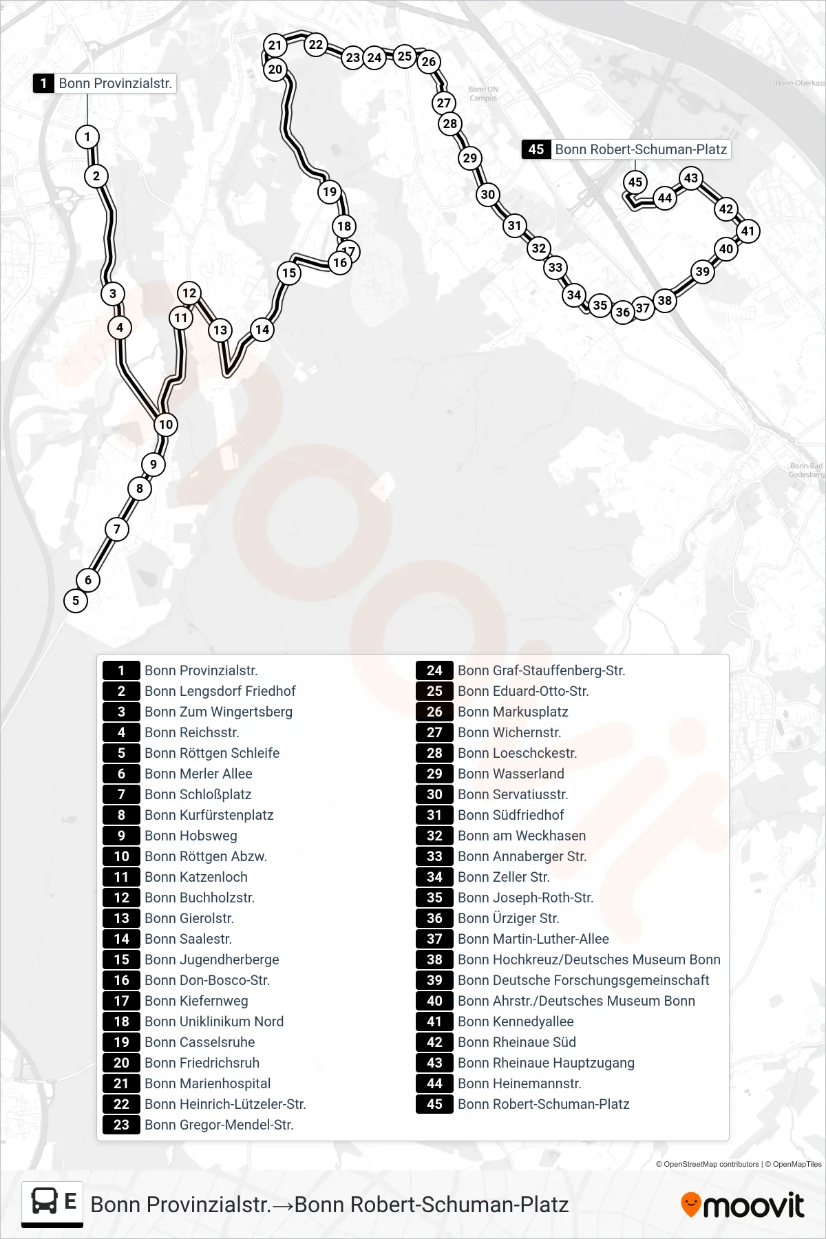 Linie E (Bus) Richtung Bonn Provinzialstr.→Bonn Robert-Schuman-Platz: Route und Haltestellen auf der Karte