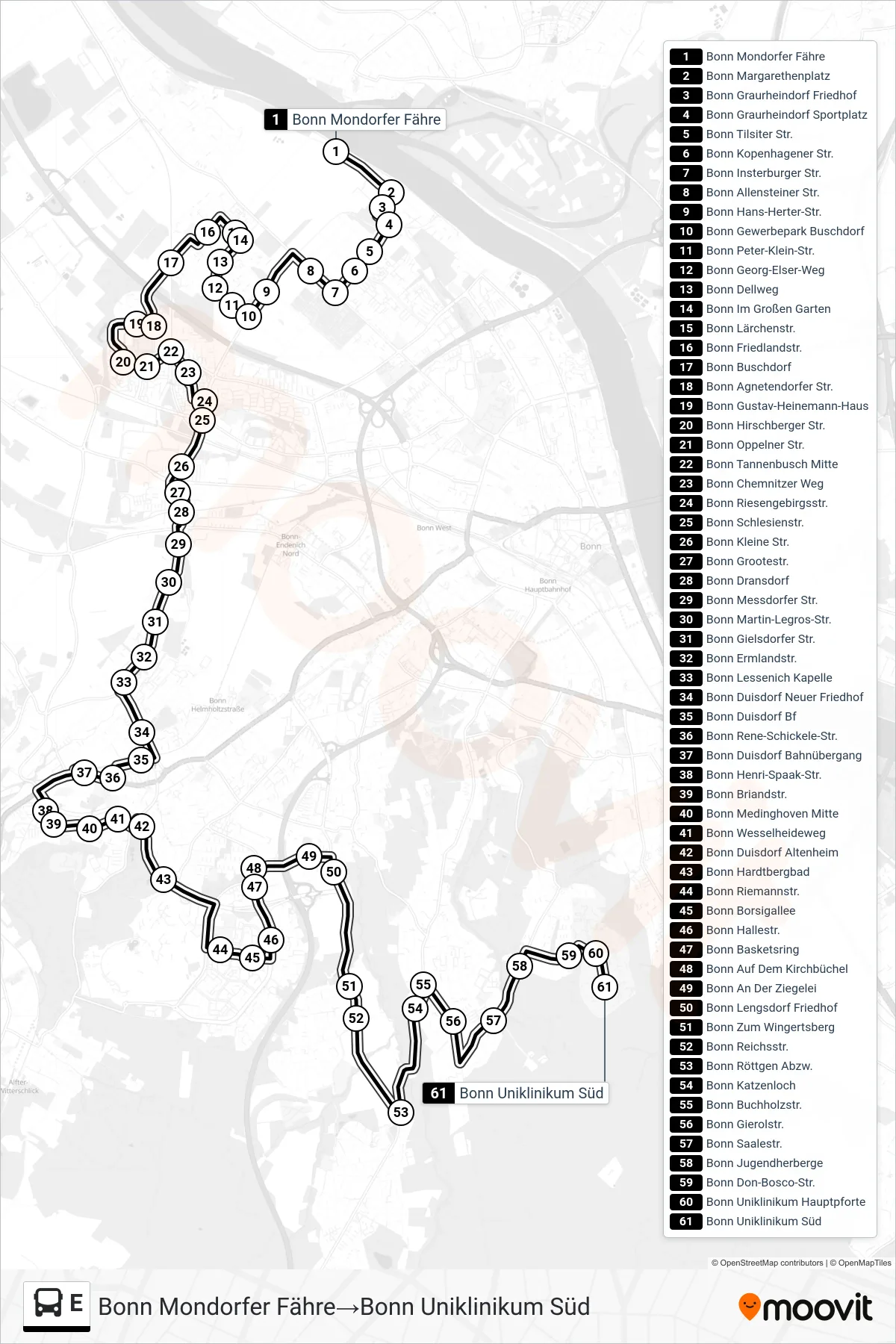 Linie E (Bus) Richtung Bonn Mondorfer Fähre→Bonn Uniklinikum Süd: Route und Haltestellen auf der Karte