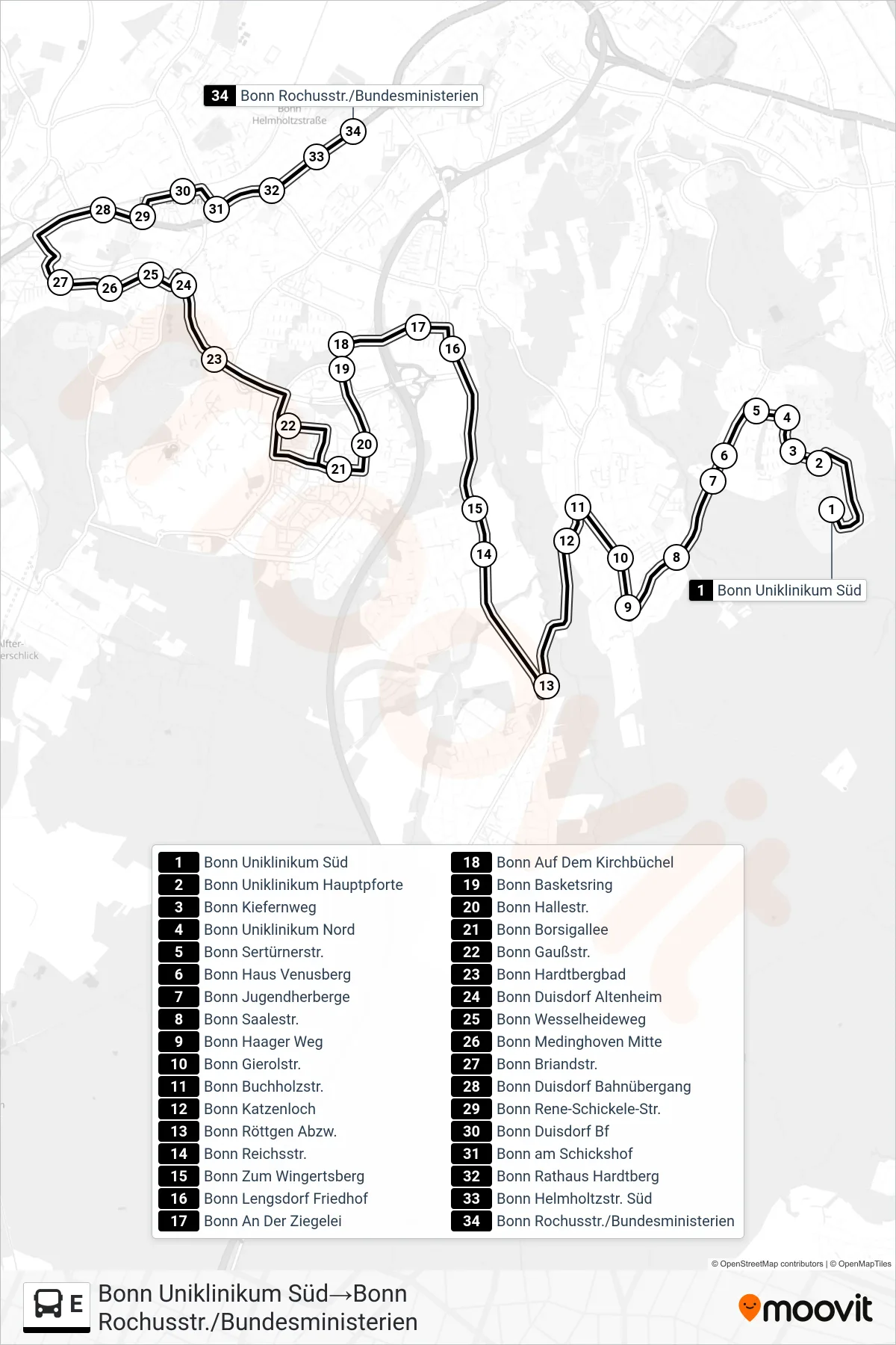 Linie E (Bus) Richtung Bonn Uniklinikum Süd→Bonn Rochusstr./Bundesministerien: Route und Haltestellen auf der Karte