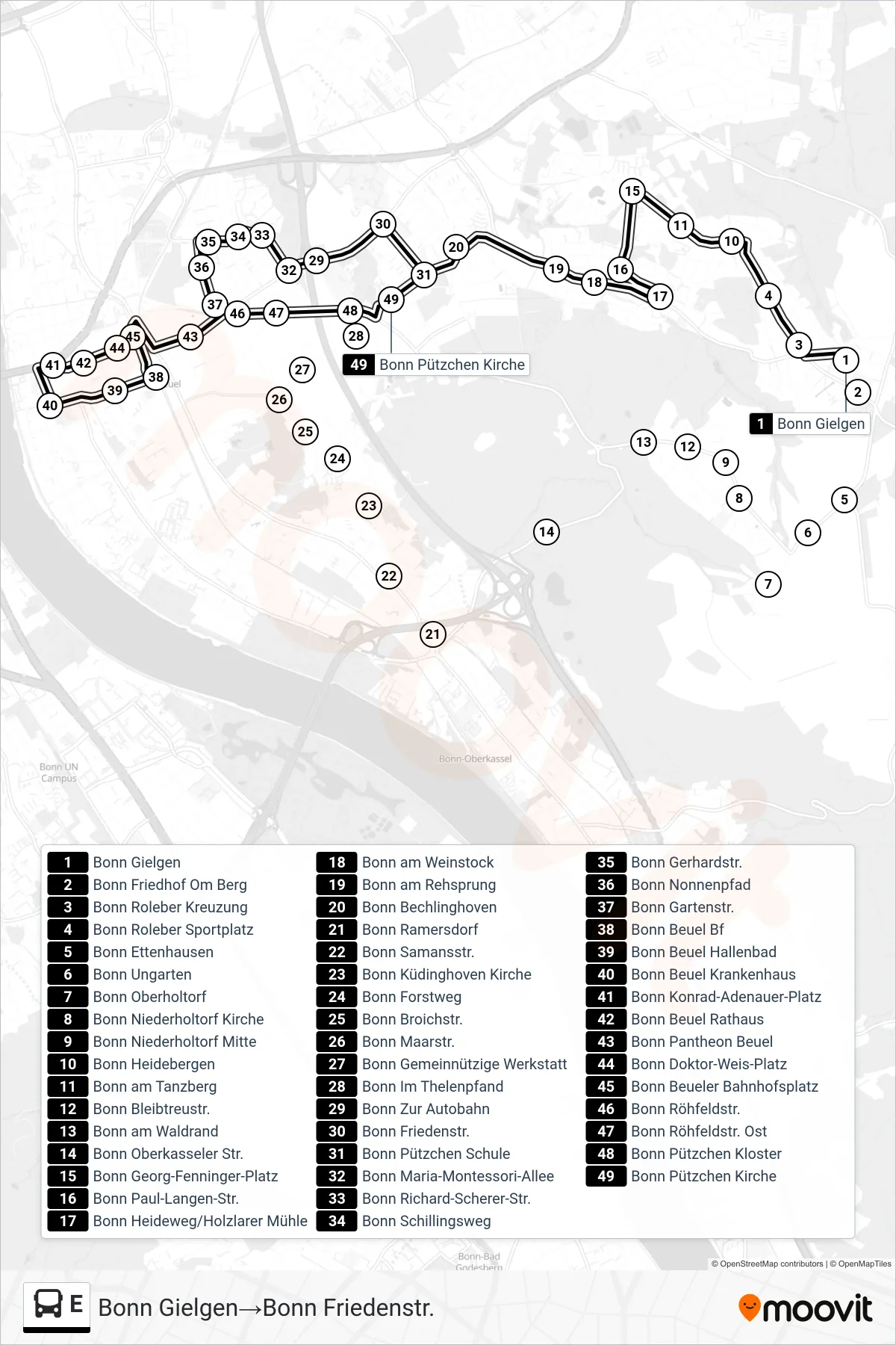 Linie E (Bus) Richtung Bonn Gielgen→Bonn Friedenstr.: Route und Haltestellen auf der Karte