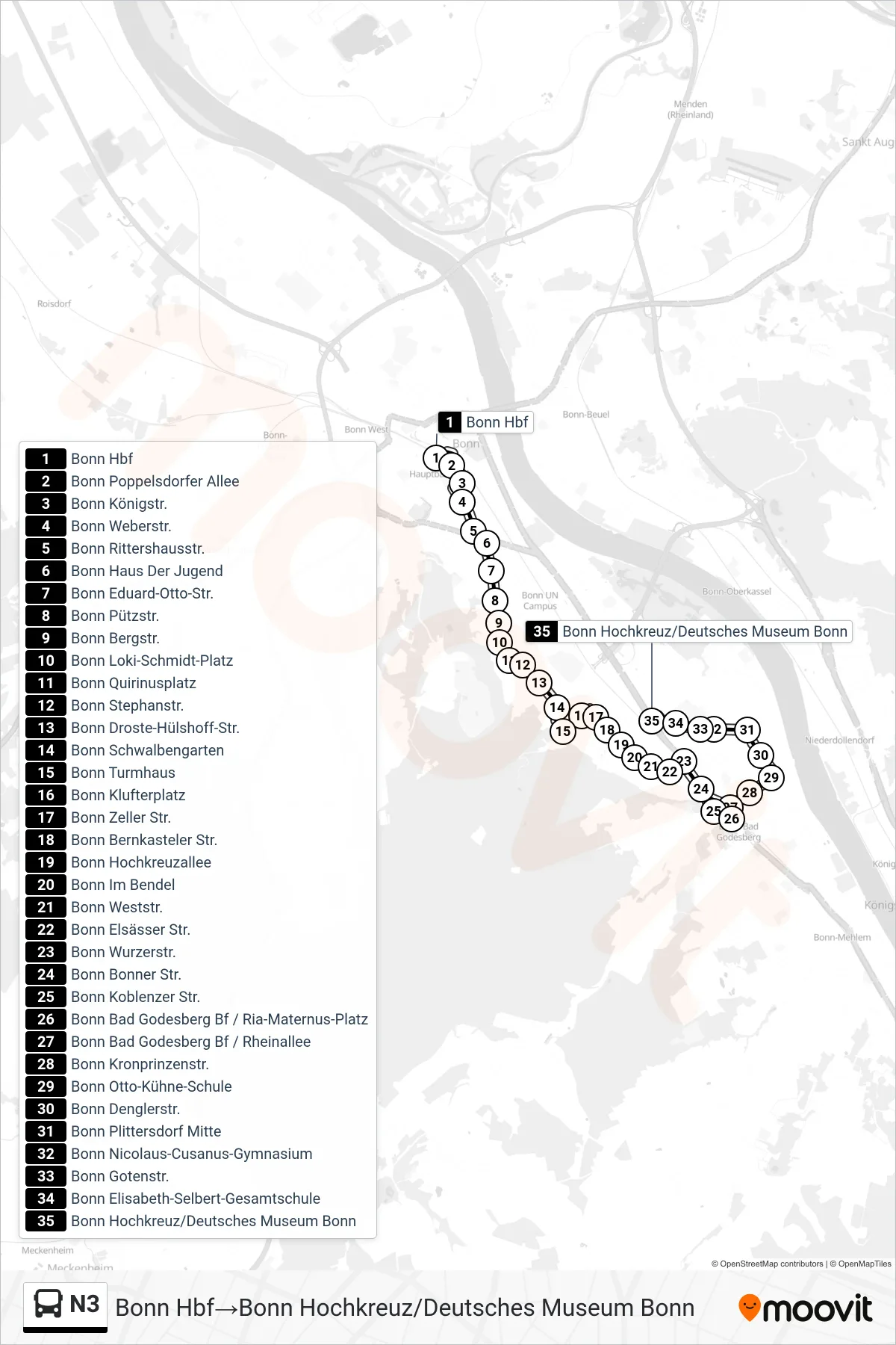 Linie N3 (Bus) Richtung Bonn Hbf‎→Bonn Hochkreuz/Deutsches Museum Bonn: Route und Haltestellen auf der Karte