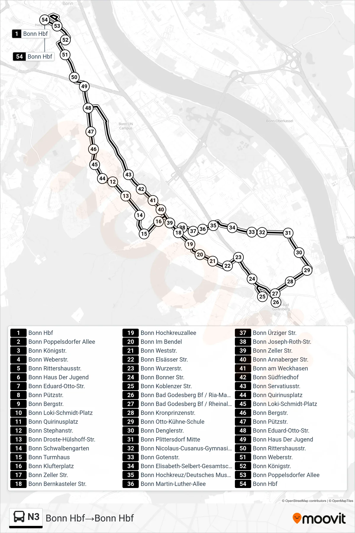Linie N3 (Bus) Richtung Bonn Hbf‎→Bonn Hbf: Route und Haltestellen auf der Karte