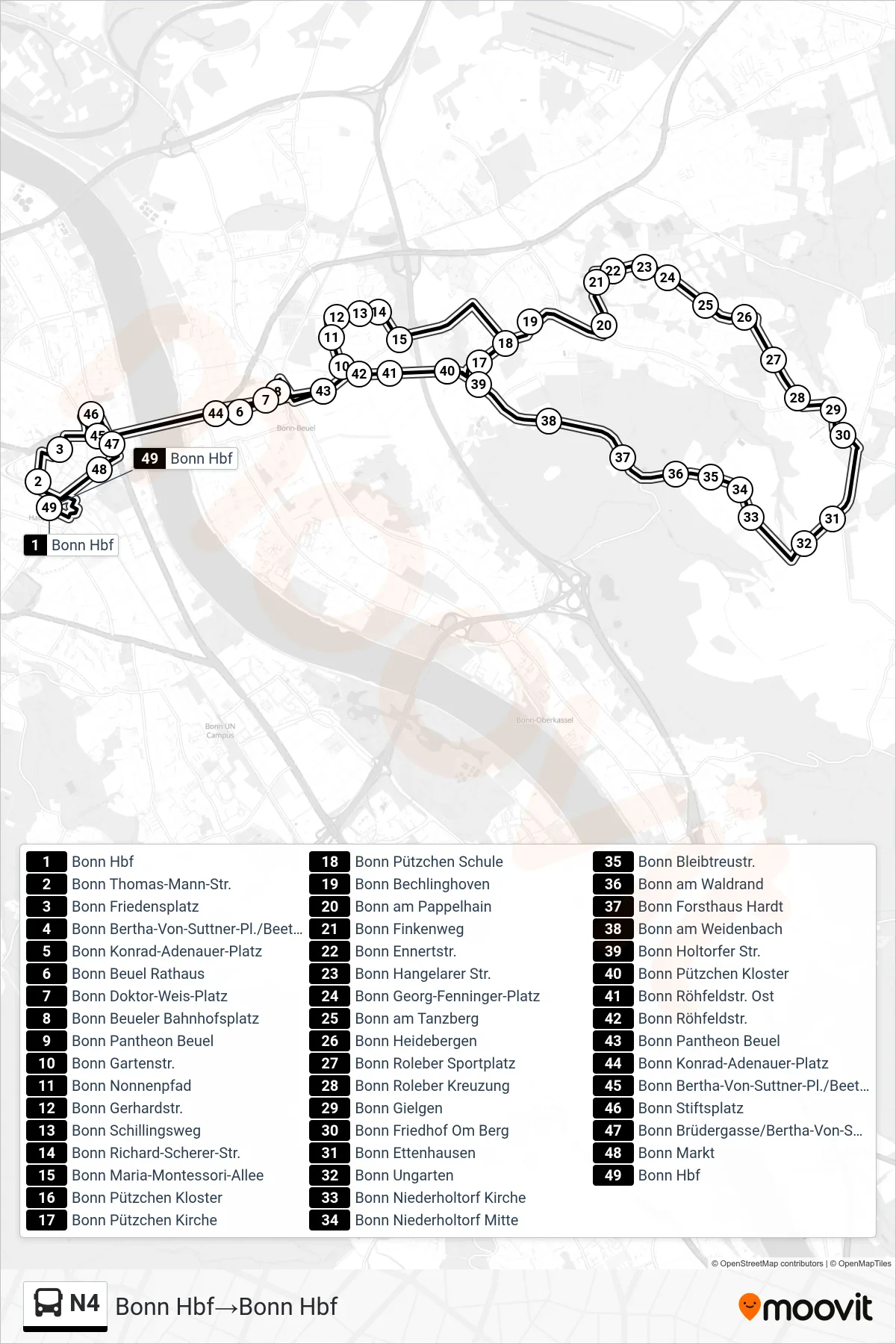 Linie N4 (Bus) Richtung Bonn Hbf‎→Bonn Hbf: Route und Haltestellen auf der Karte