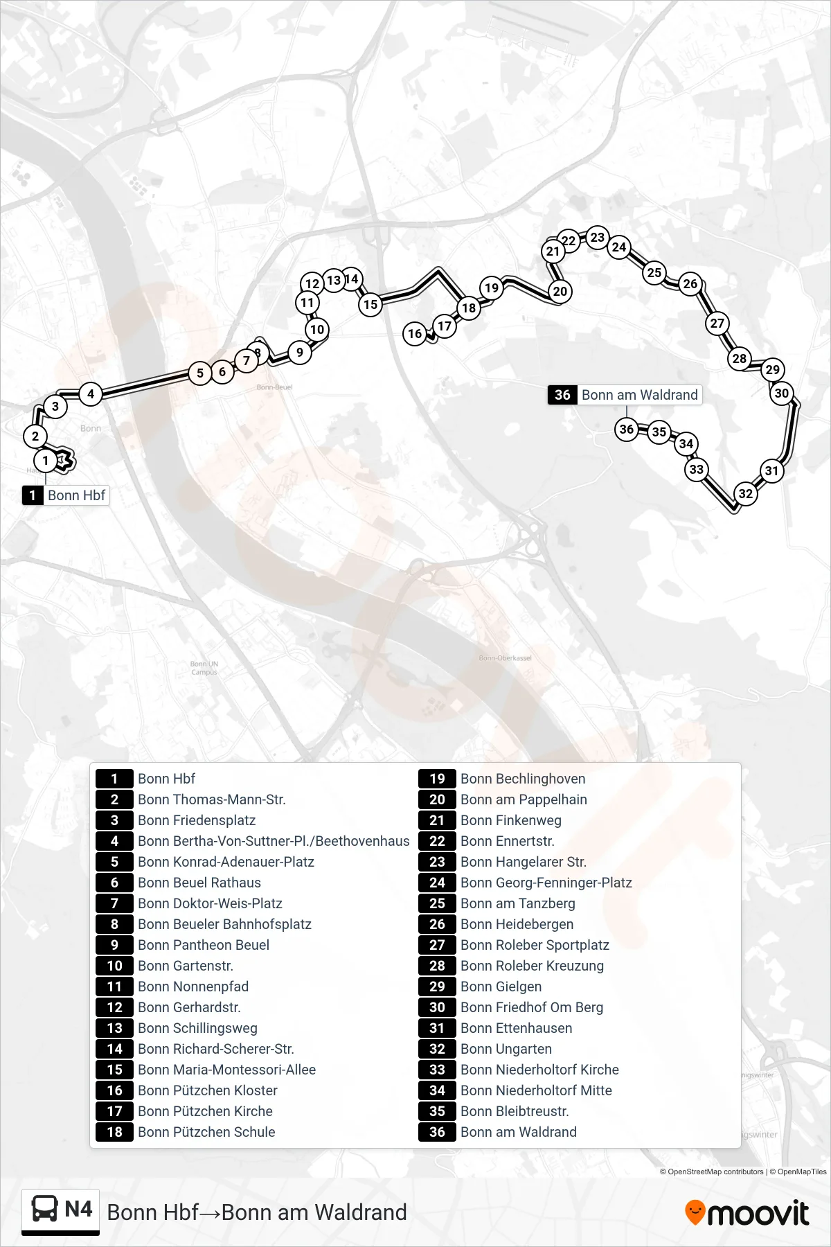 Linie N4 (Bus) Richtung Bonn Hbf→Bonn am Waldrand: Route und Haltestellen auf der Karte