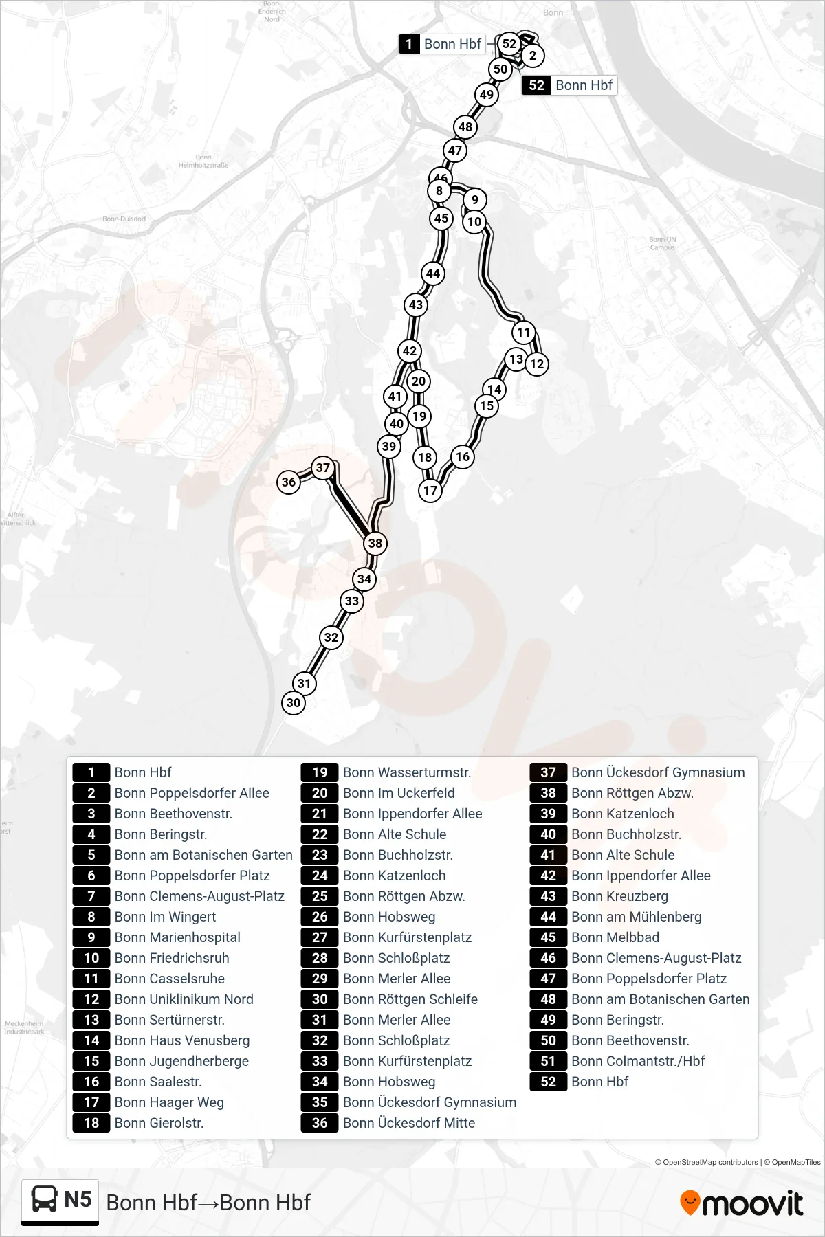 Linie N5 (Bus) Richtung Bonn Hbf‎→Bonn Hbf: Route und Haltestellen auf der Karte
