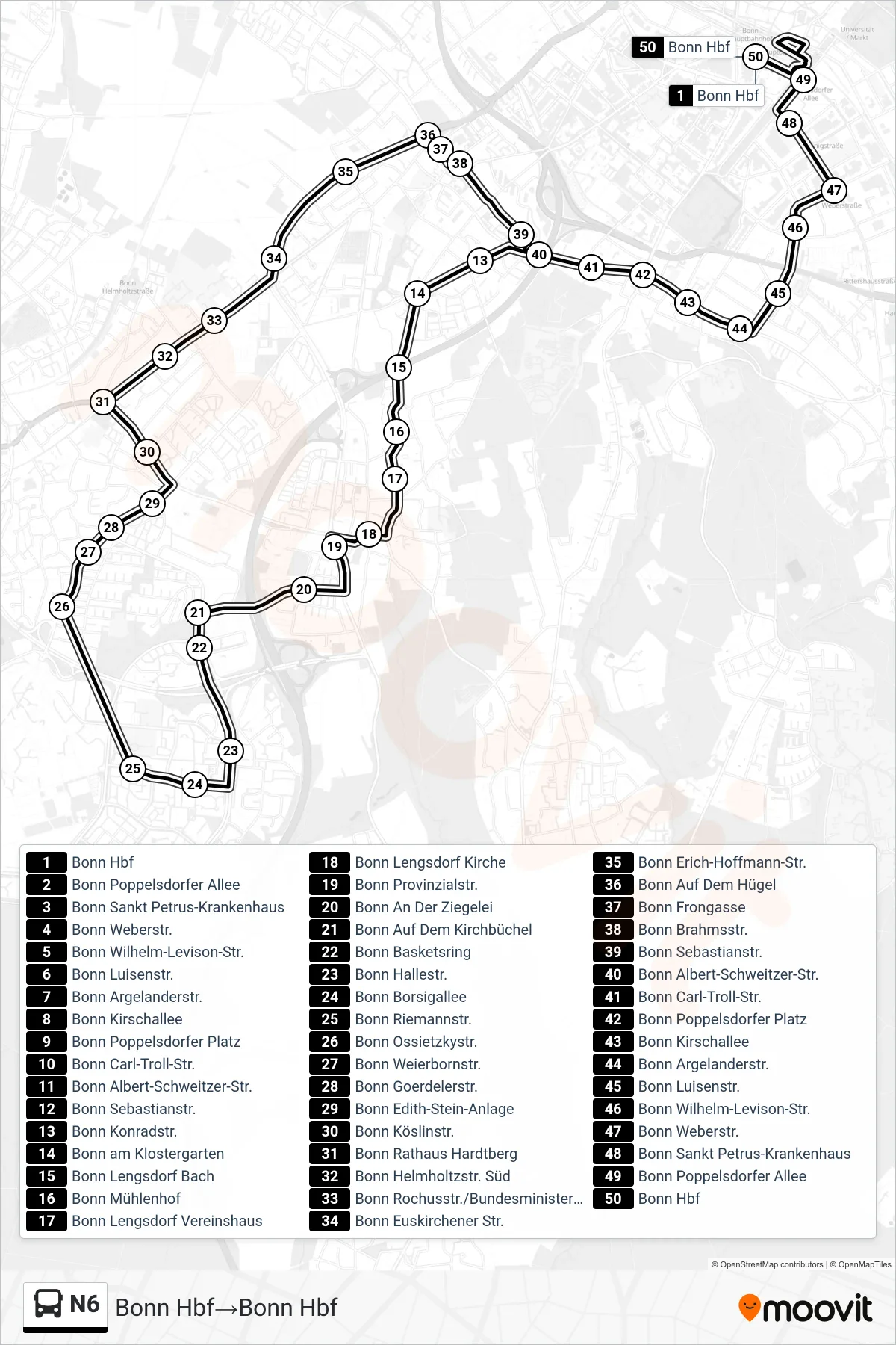 Linie N6 (Bus) Richtung Bonn Hbf→Bonn Hbf: Route und Haltestellen auf der Karte