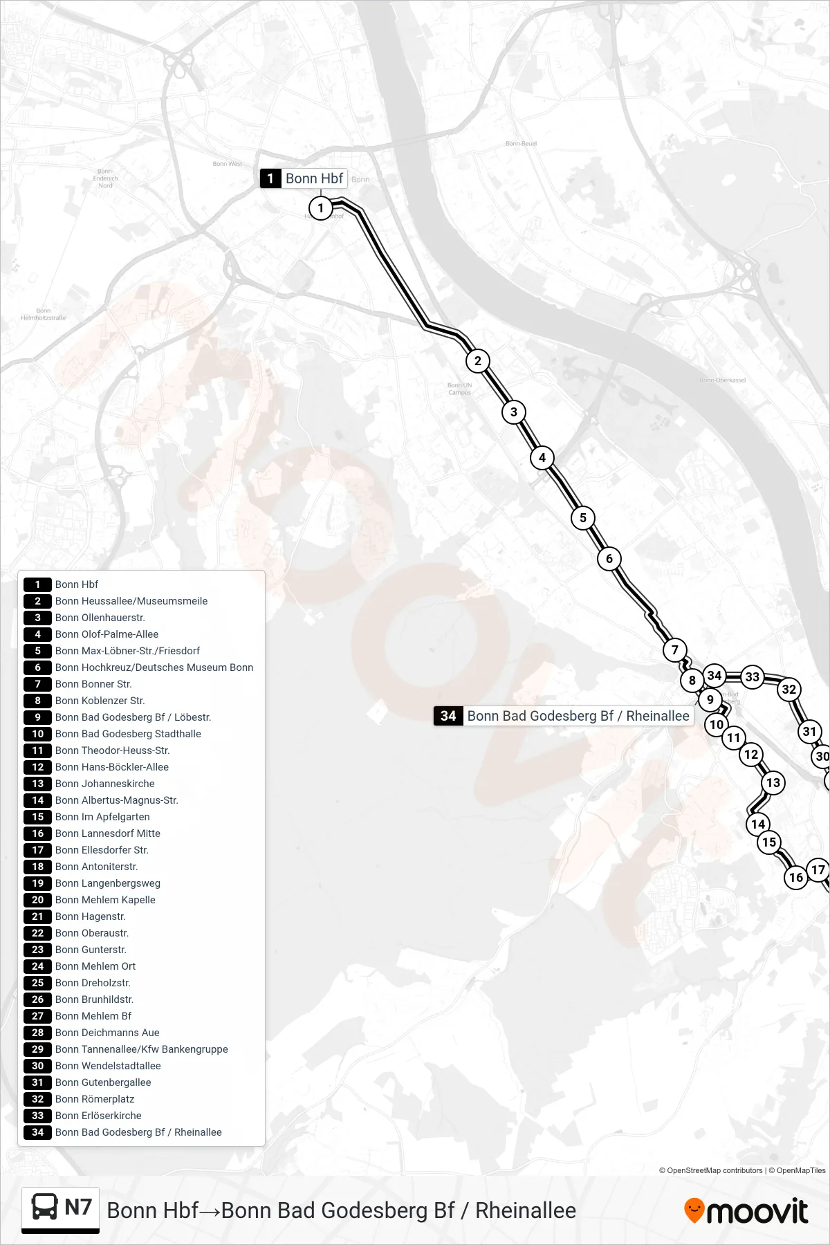 Linie N7 (Bus) Richtung Bonn Hbf→Bonn Bad Godesberg Bf / Rheinallee: Route und Haltestellen auf der Karte